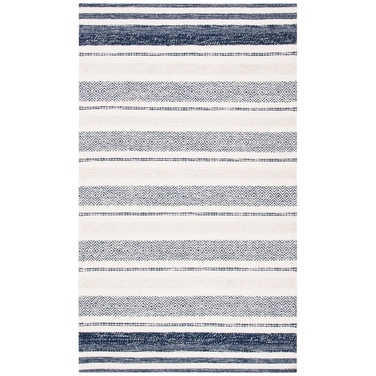 Ivory and Navy Striped Wool Flat Woven Area Rug, 9' x 12'