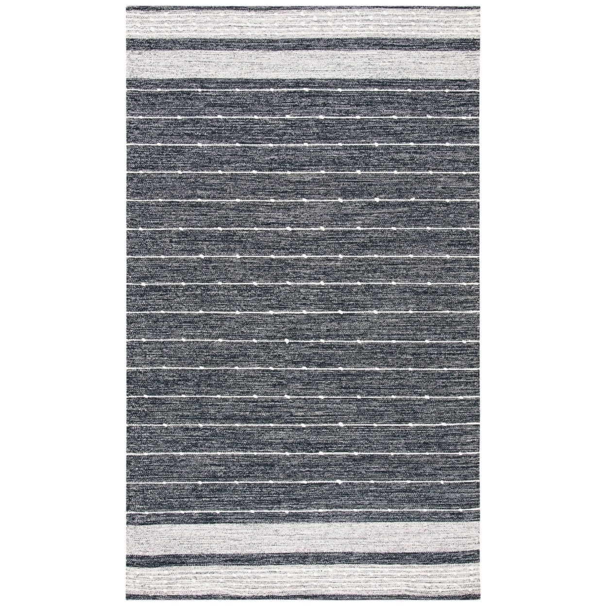 Black and Ivory Striped 4' x 6' Wool Cotton Rug