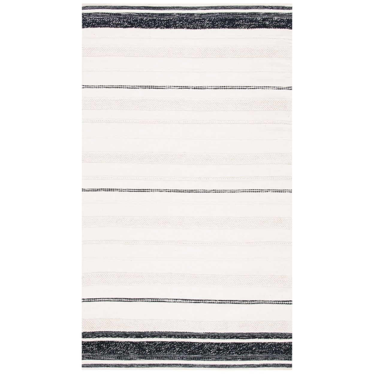 Ivory and Black 9' x 12' Wool Cotton Striped Kilim Rug