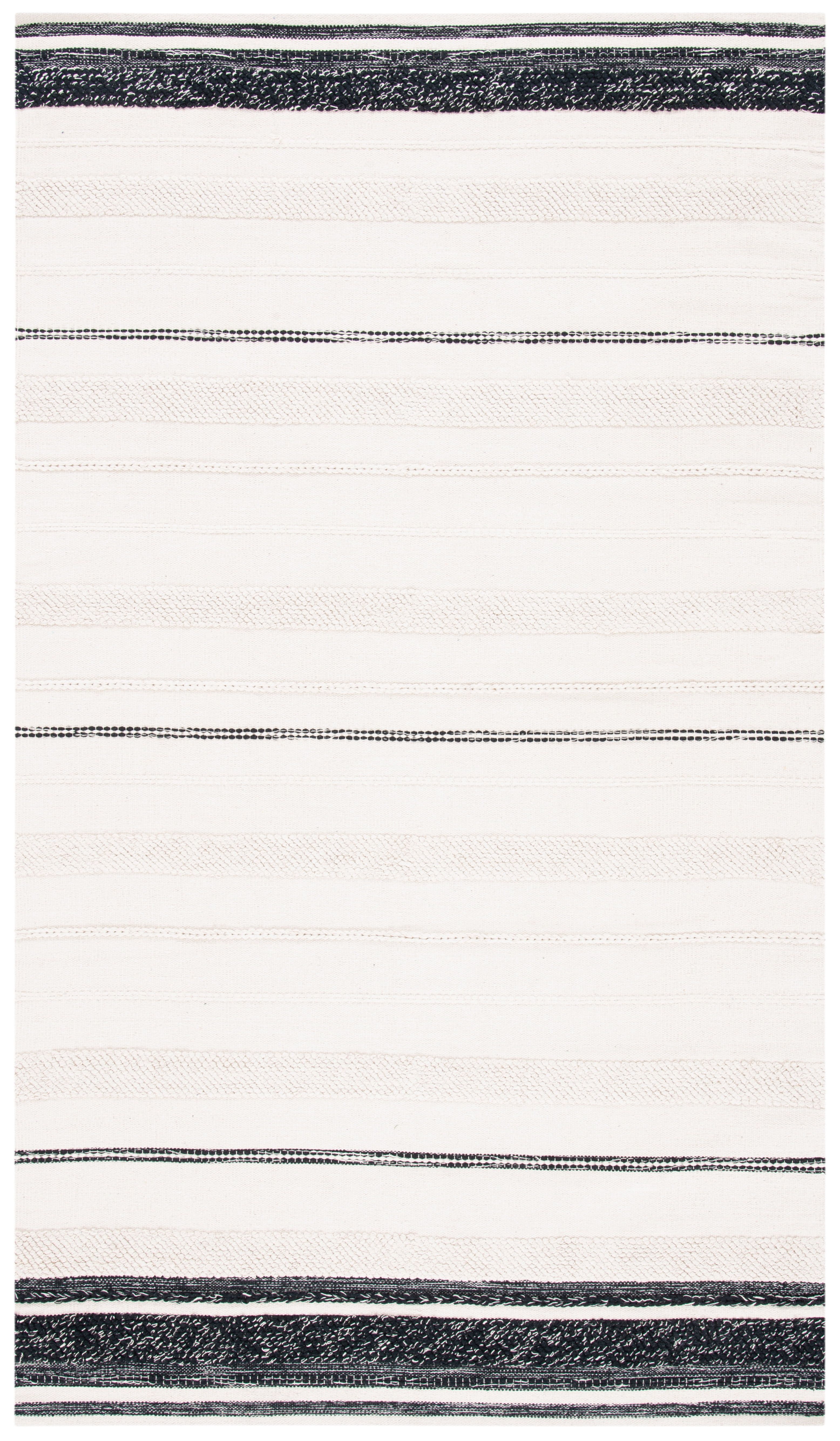 Ivory and Black 9' x 12' Wool Cotton Striped Kilim Rug