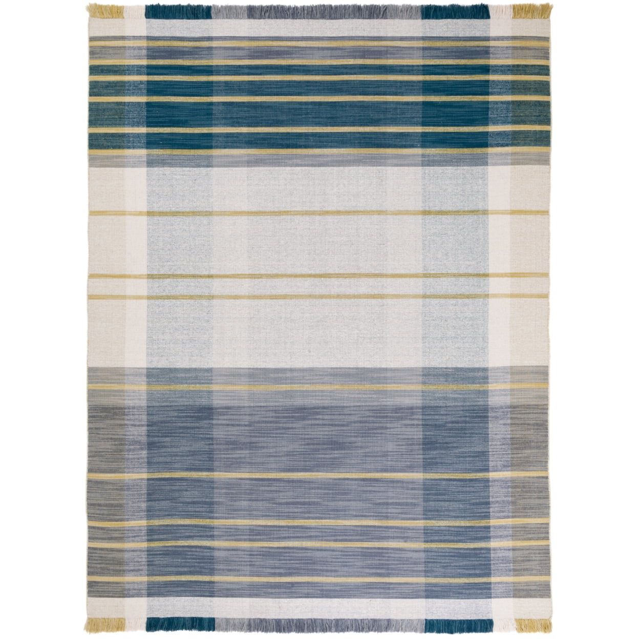 Beige and Teal Striped Wool 9' x 12' Flatweave Area Rug