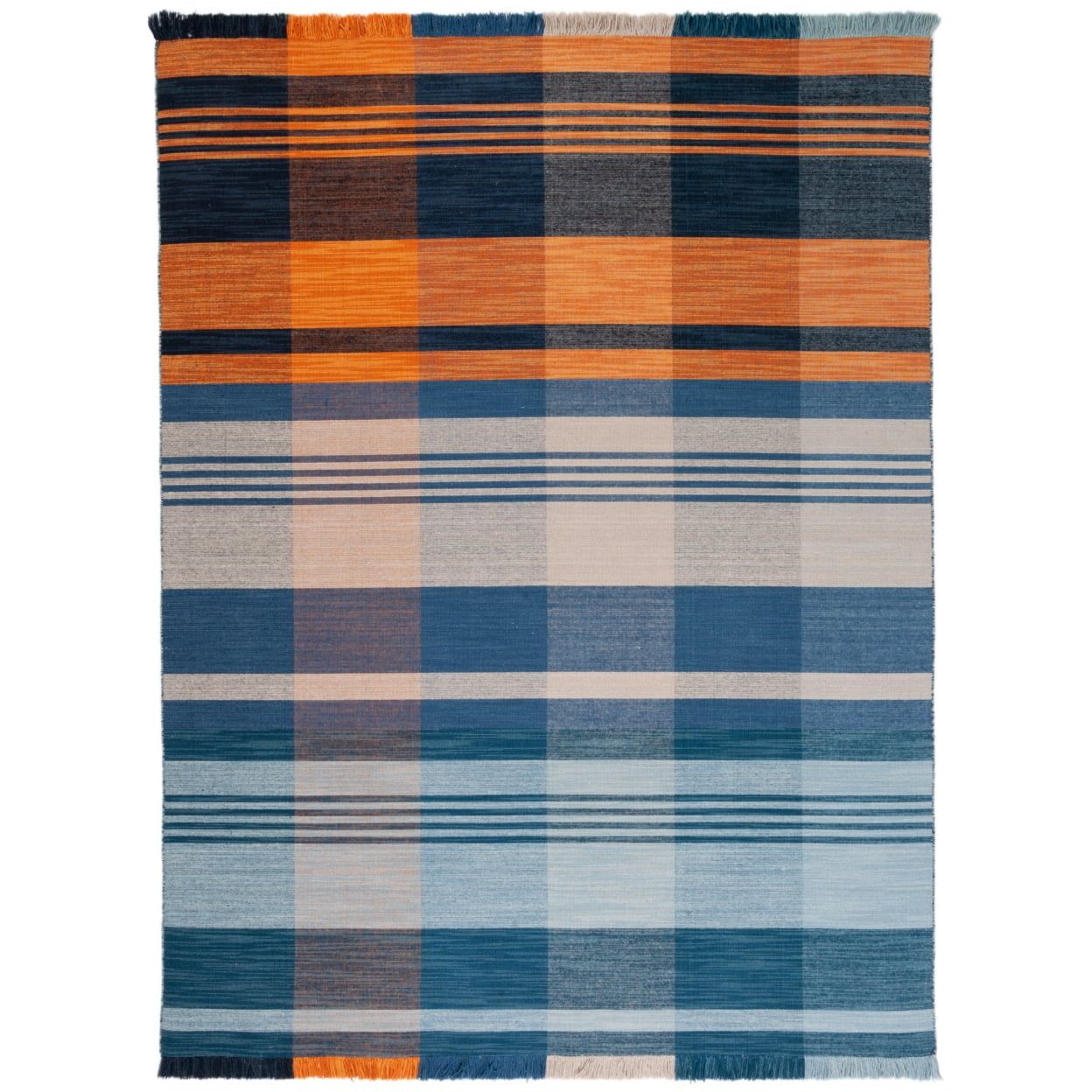 Blue and Orange Striped Wool Kilim Area Rug