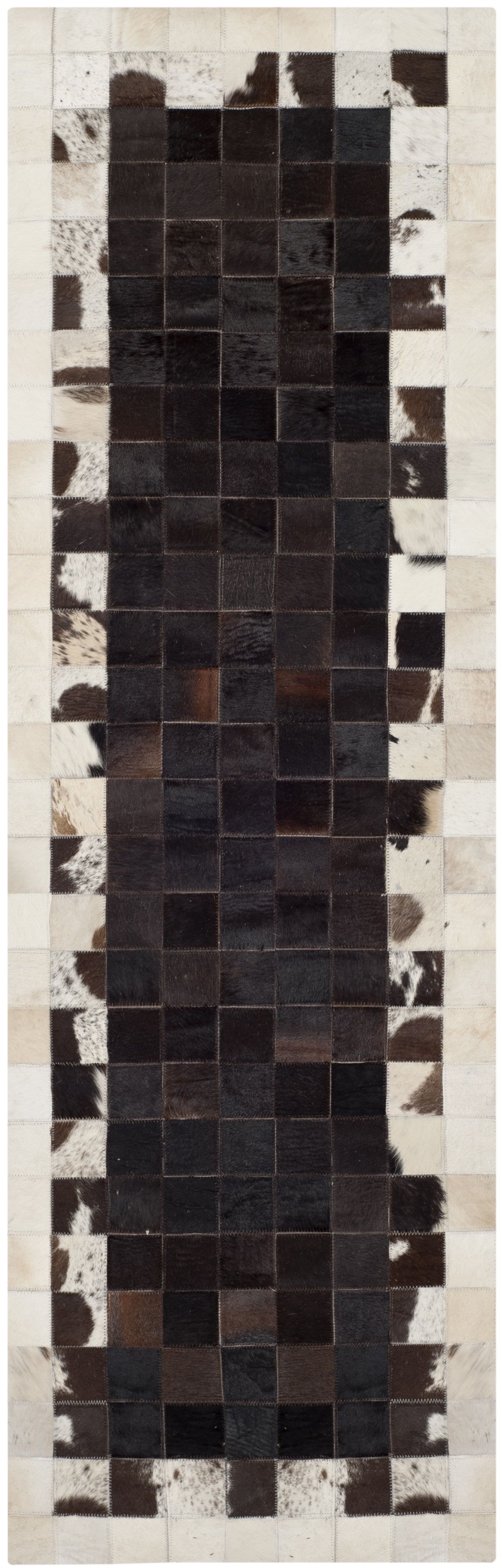Handmade Ivory Geometric Cowhide Runner Rug 27" x 7'