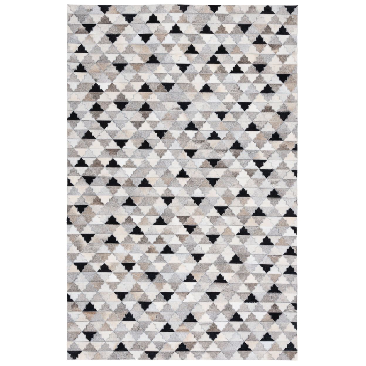 Geometric Gray and Black Hand-Stitched Cowhide Rug - 4' x 6'