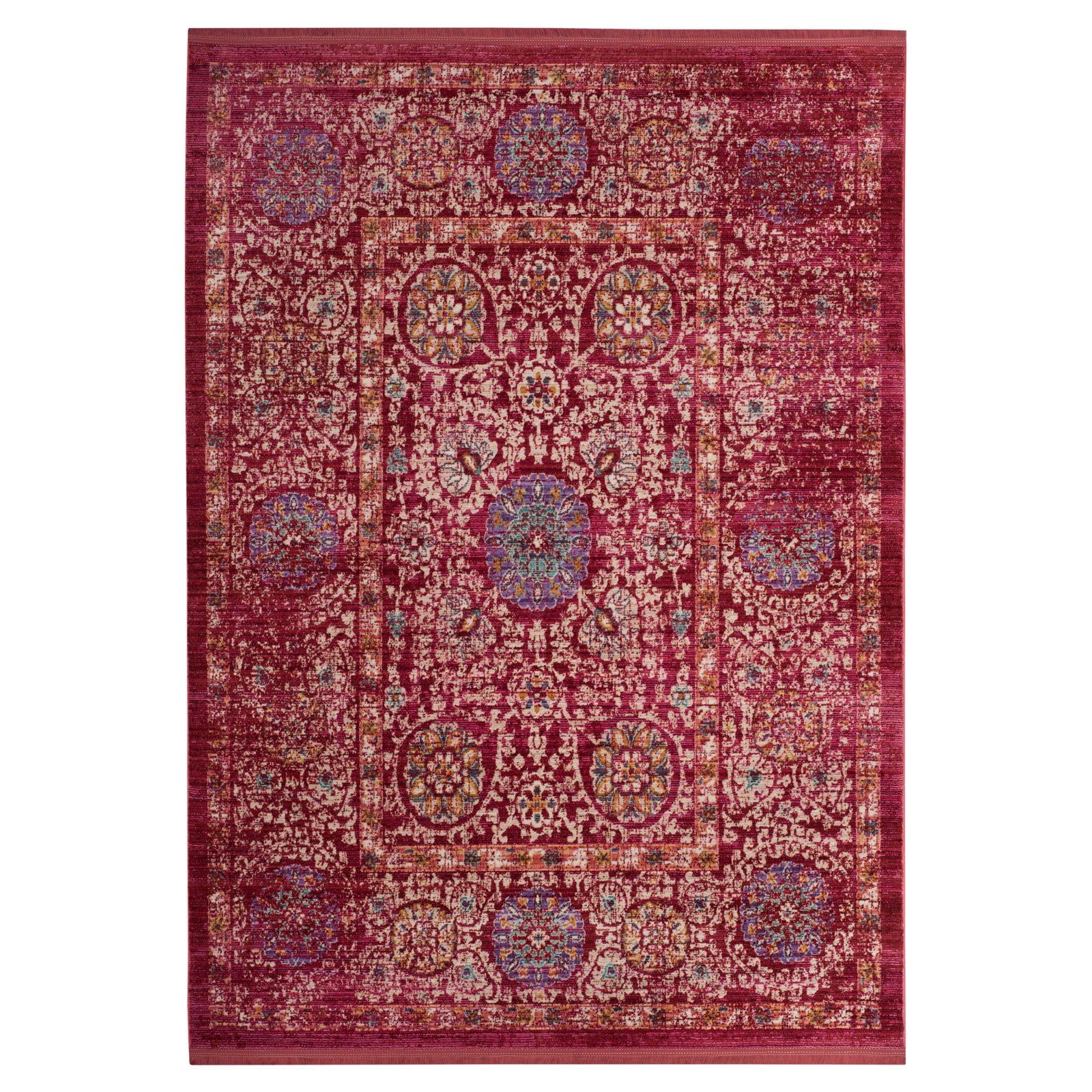 Fuchsia and Ivory Floral Motif Runner Rug, 3' x 8'