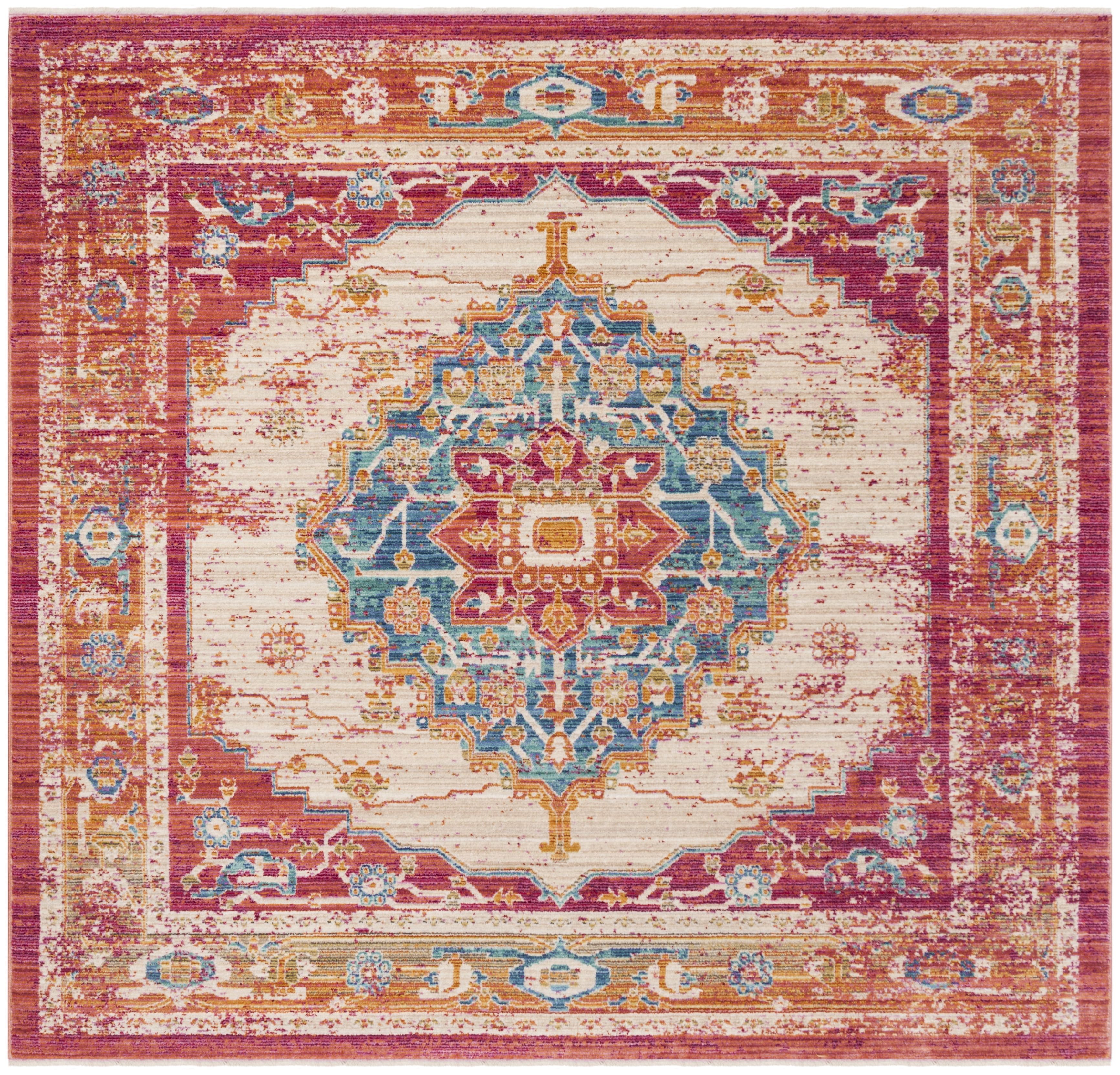 6' Square Fuchsia and Ivory Hand-Knotted Cotton Rug