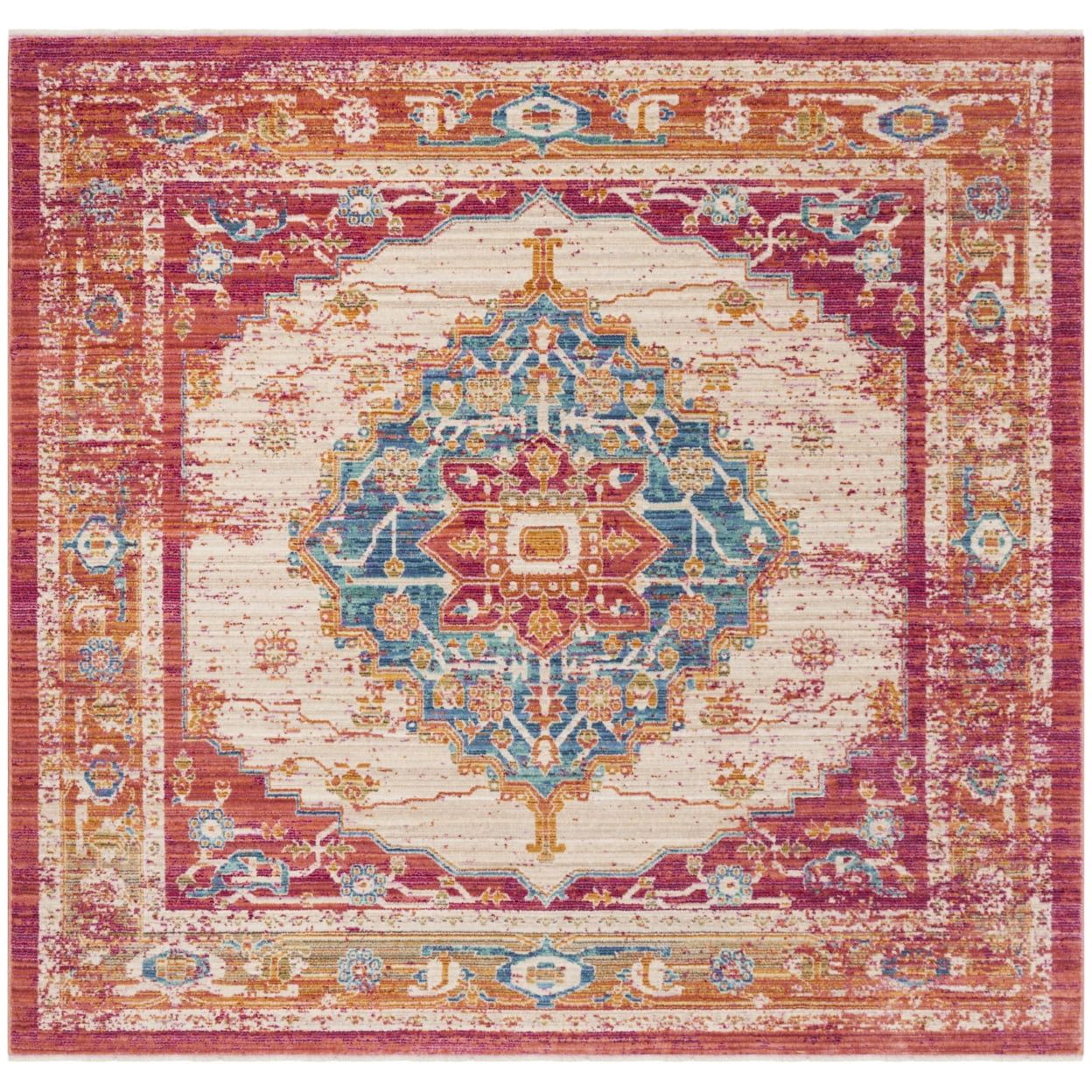 6' Square Fuchsia and Ivory Hand-Knotted Cotton Rug