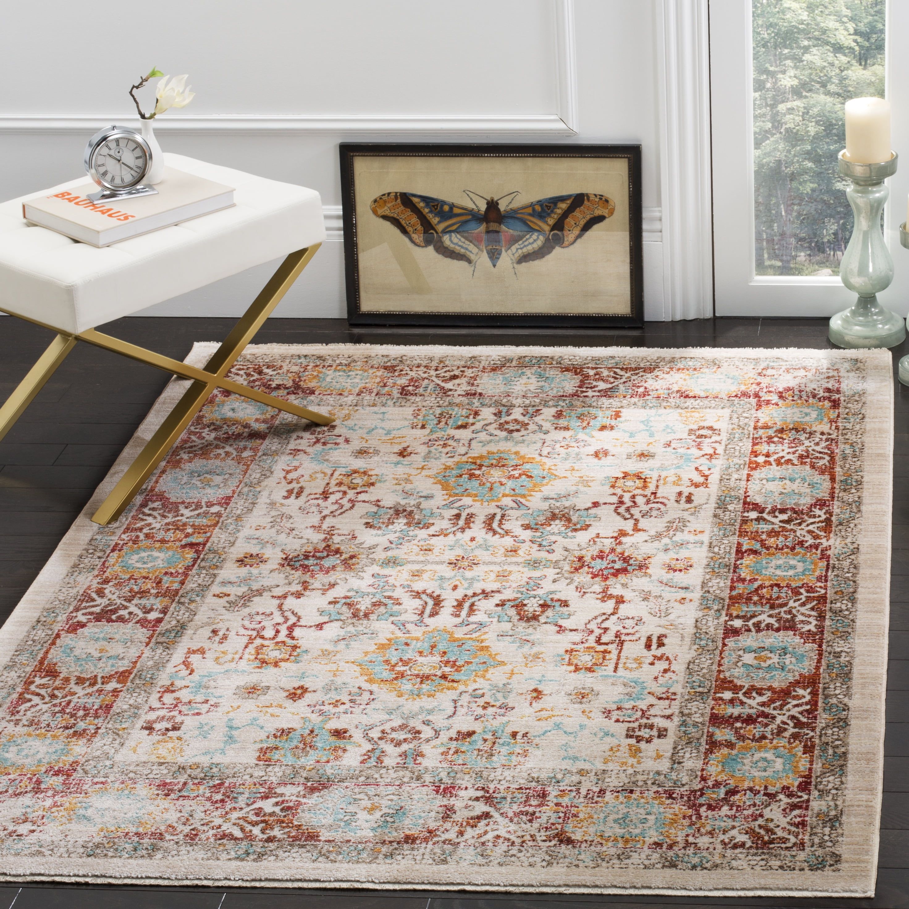 Ivory and Brick Traditional Synthetic Area Rug, 5' x 7'