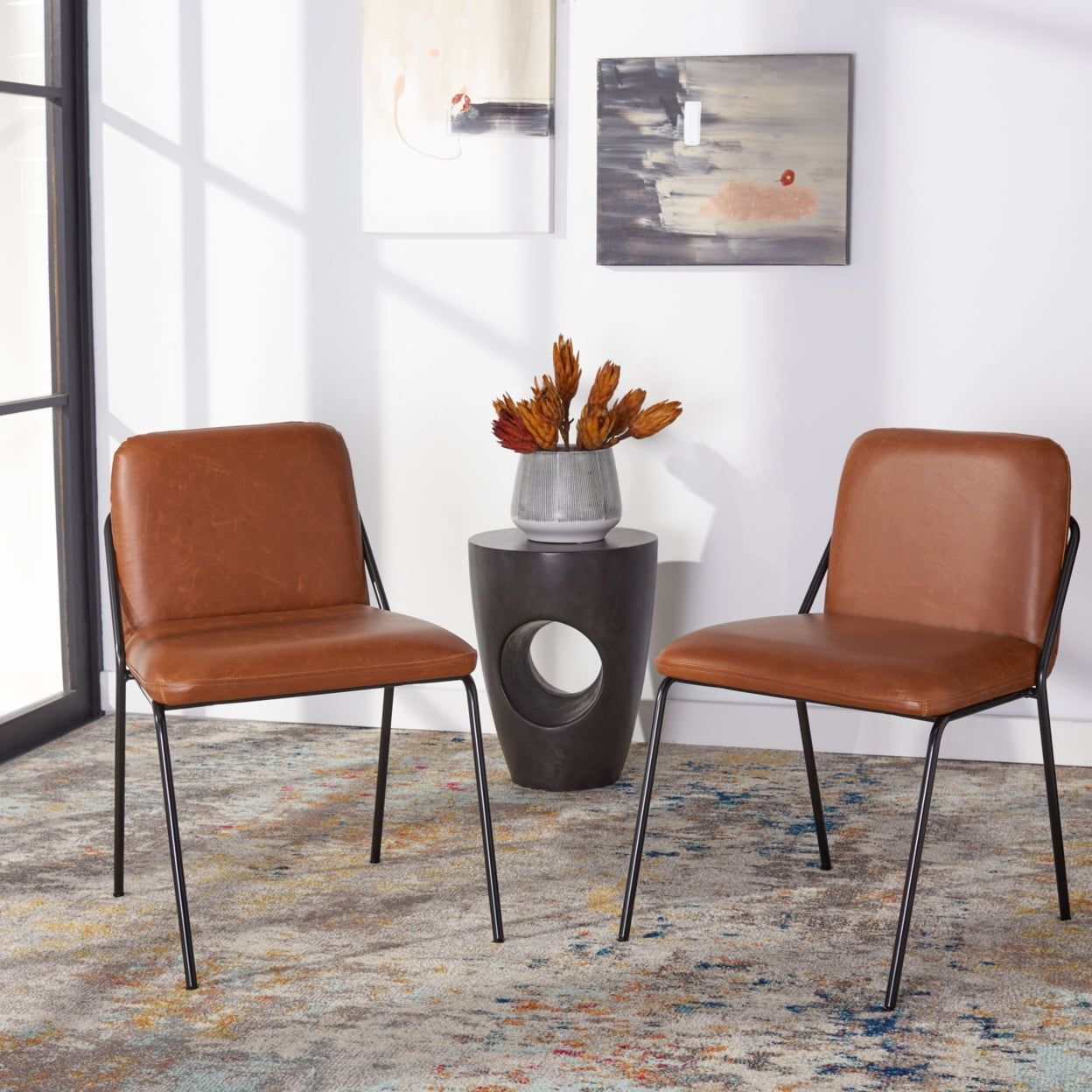 Mid-Century Light Brown Vegan Leather Side Chair Set