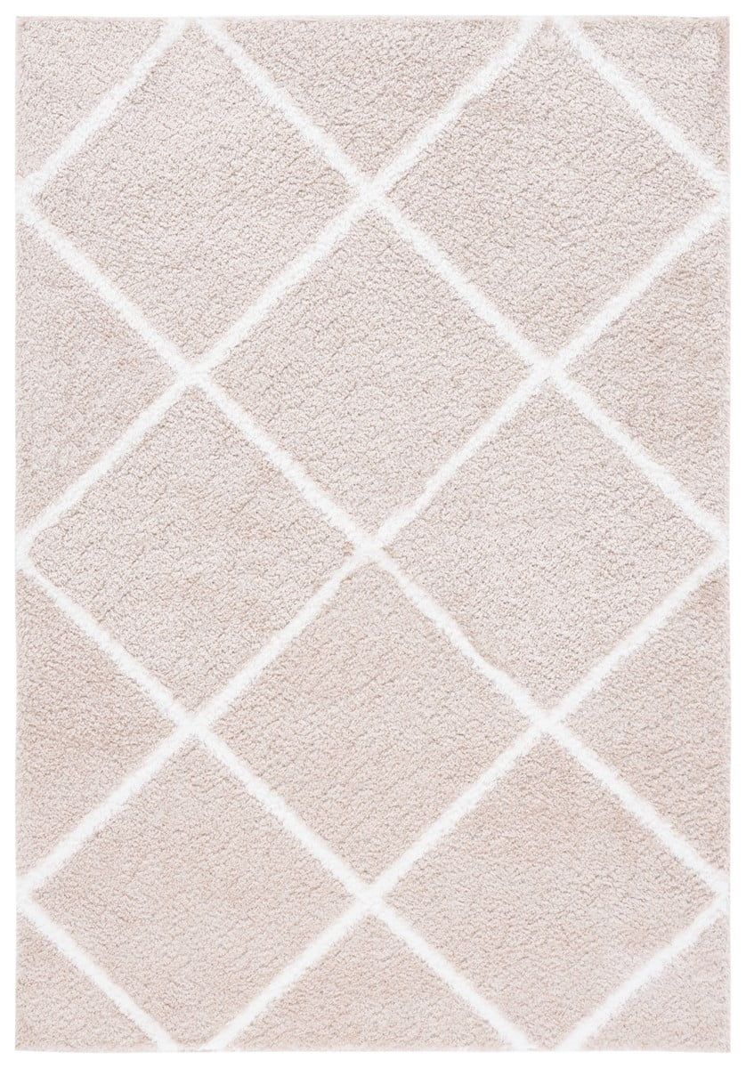 Beige and White Trellis Shag Area Rug, 9' x 12'