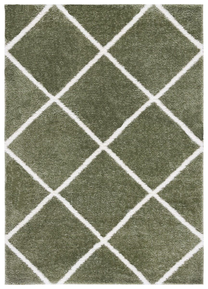 Sage and White Geometric Shag Area Rug, 9' x 12'