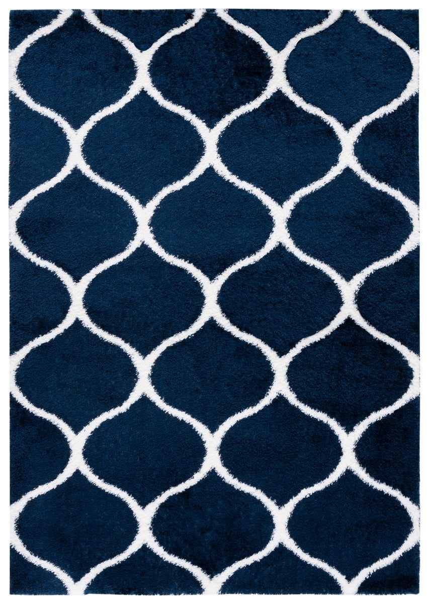 Navy and White Geometric Shag Area Rug, 9' x 12'