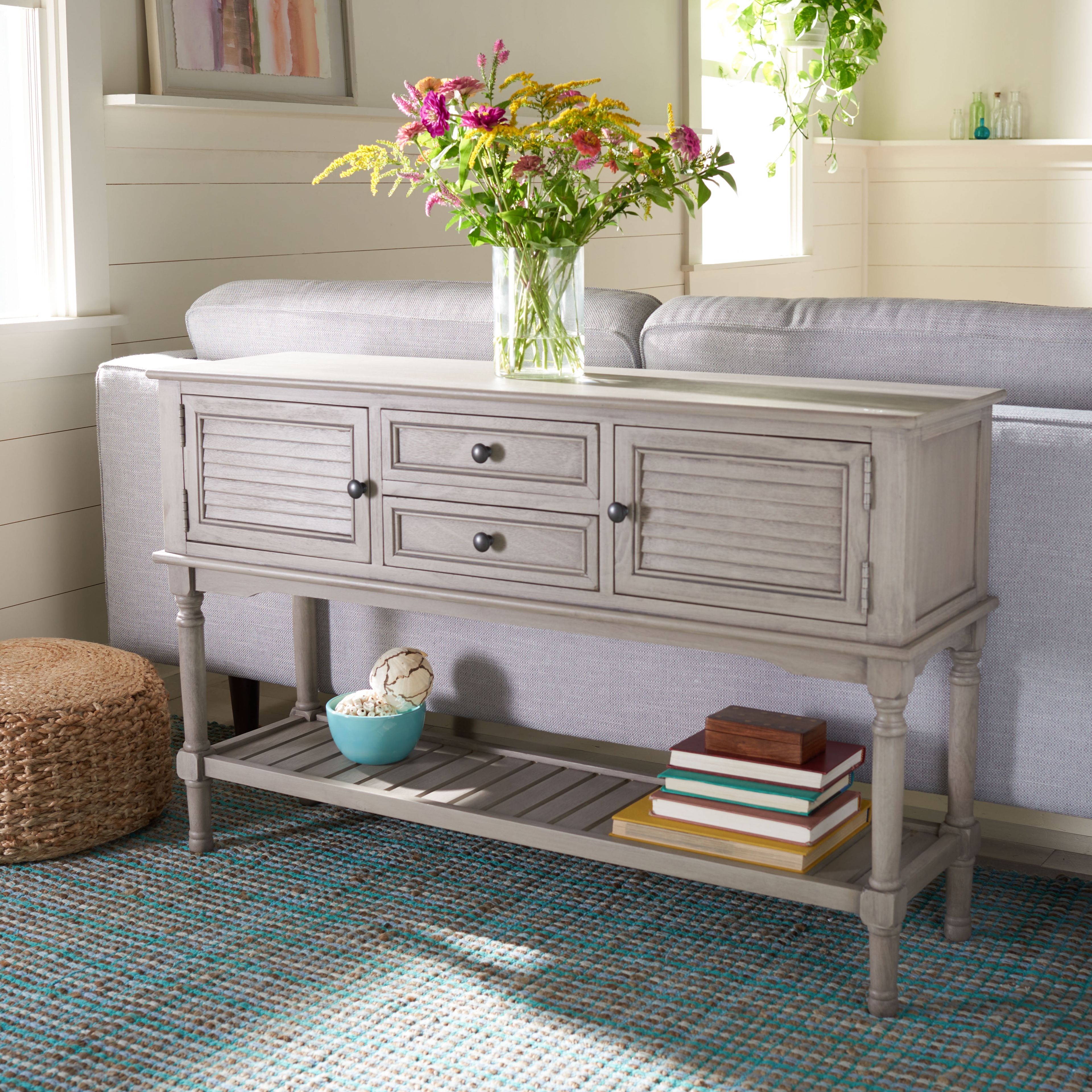 Greige Wood and Metal Console Table with Storage Drawers