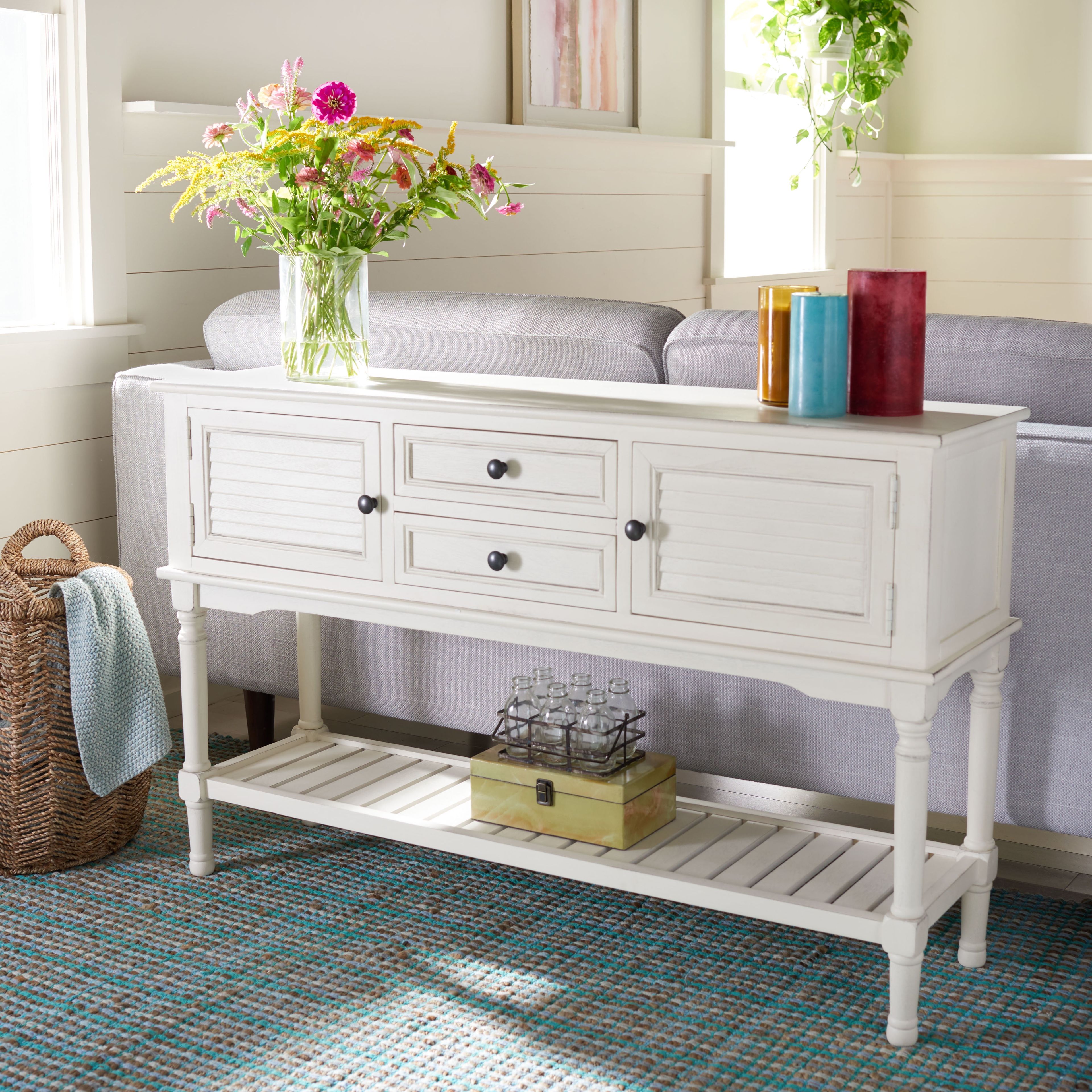 Distressed White Wood Hallway Table with Storage