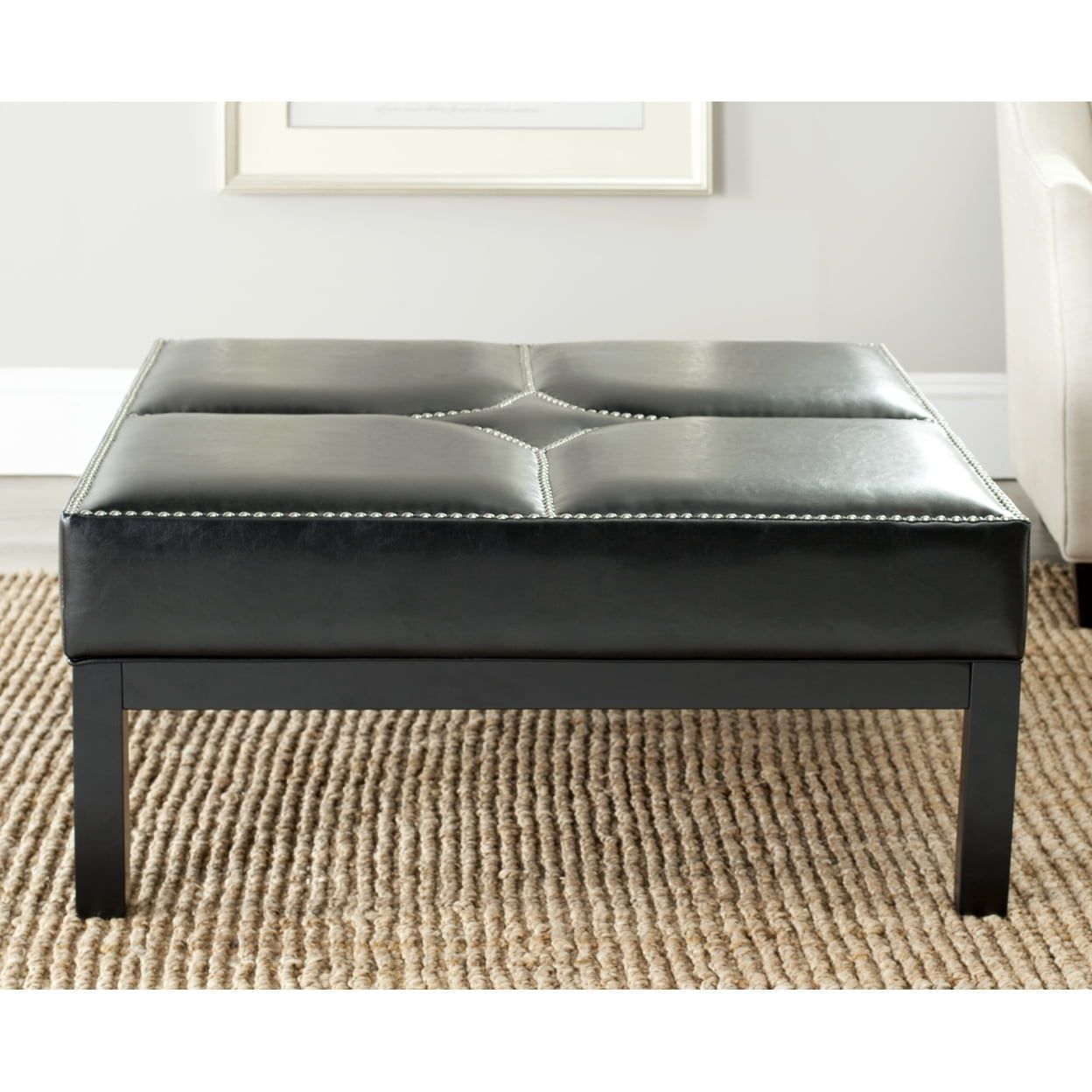 Transitional Terrence 37" Black Leather Cocktail Ottoman with Silver Nailheads