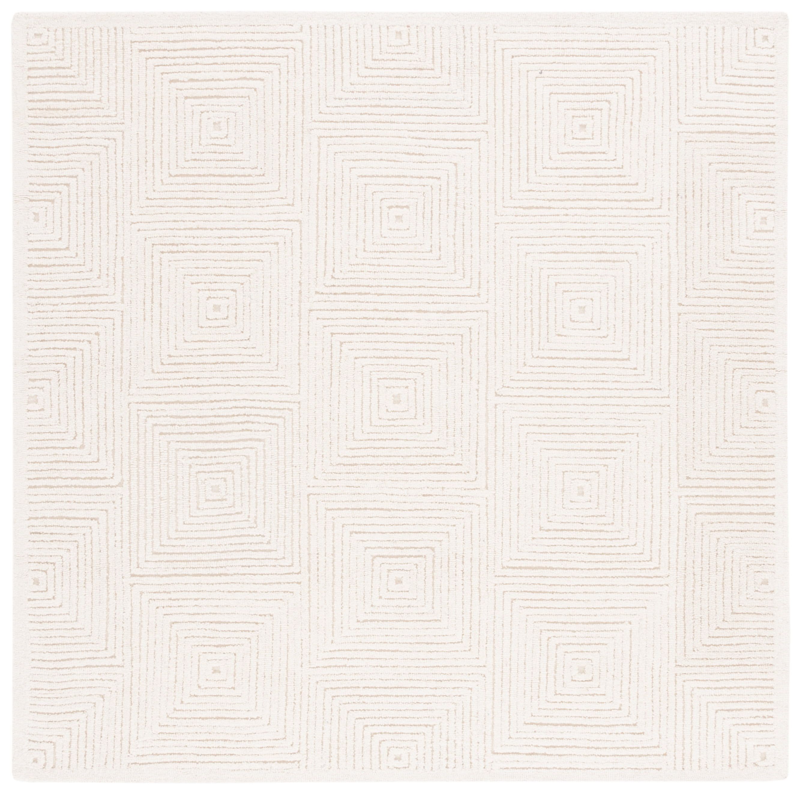 Ivory Geometric Hand-Tufted Wool Square Area Rug, 8' x 8'