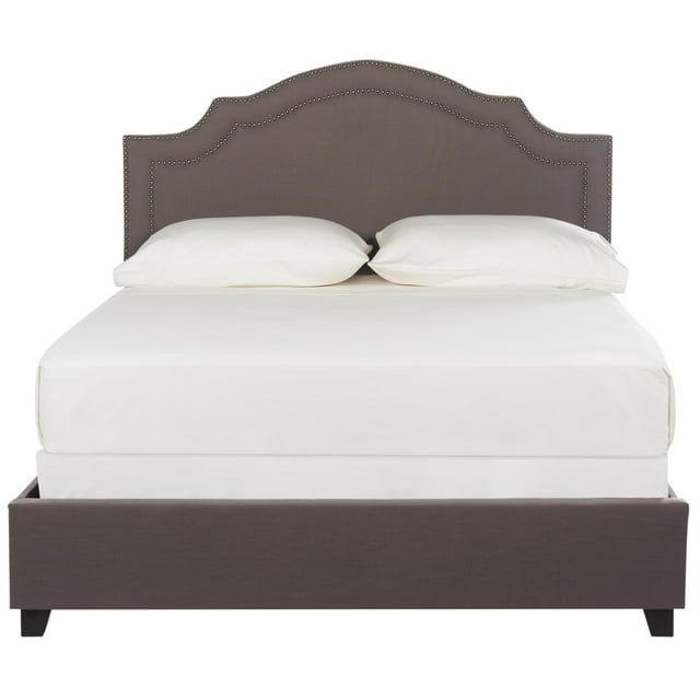 Elegant Gray Linen Full Platform Bed with Nailhead Trim
