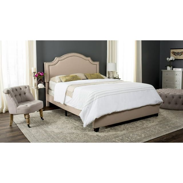 Full Beige Linen Upholstered Platform Bed with Nailhead Trim