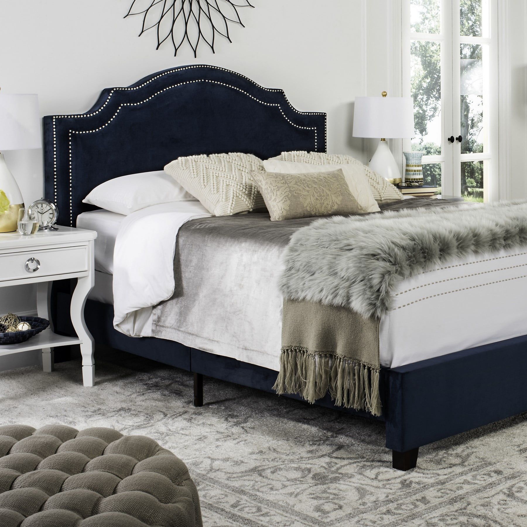 Navy Velvet Full Bed Frame with Nailhead Trim