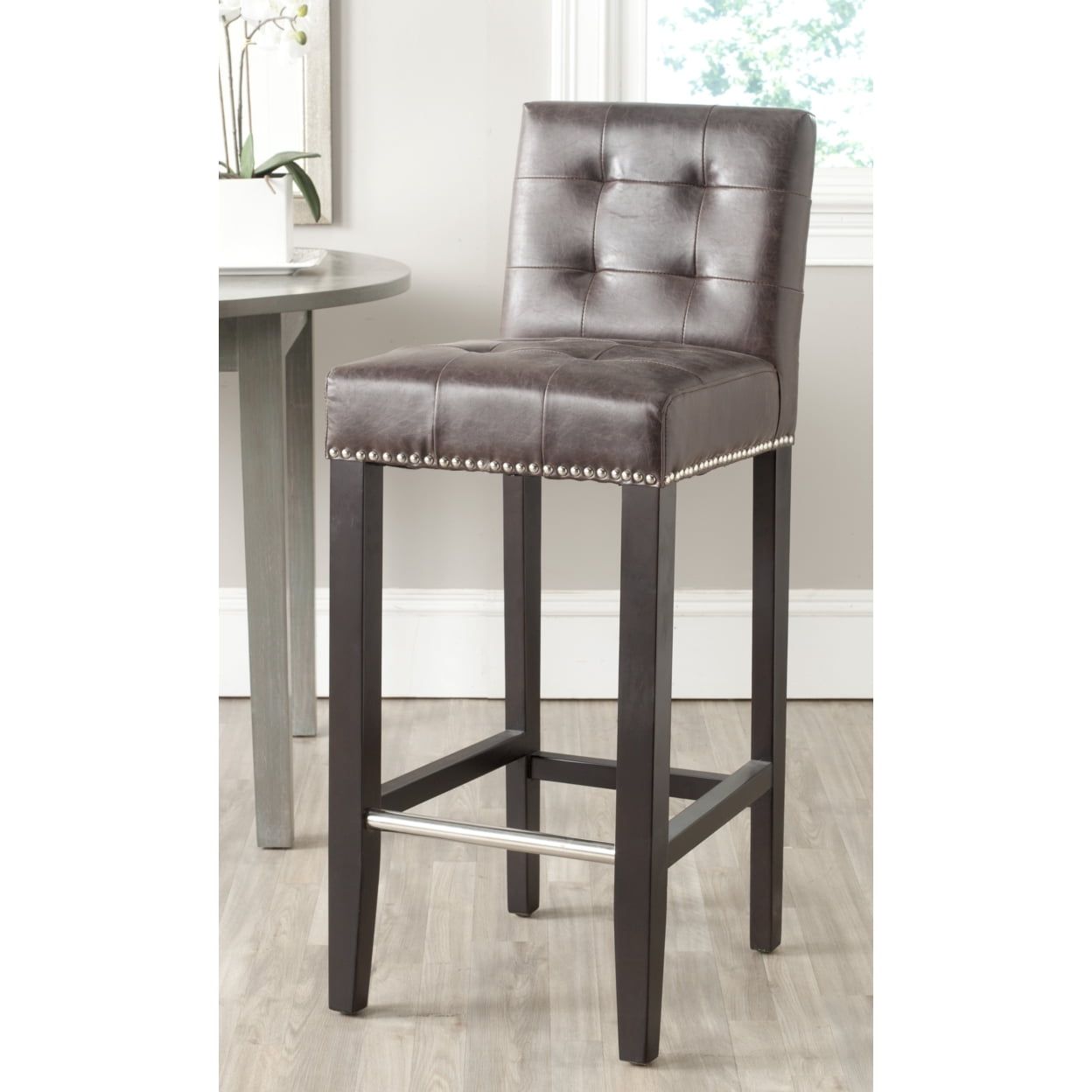 Espresso Birch Wood & Antique Brown Leather Bar Stool with Nailhead Trim