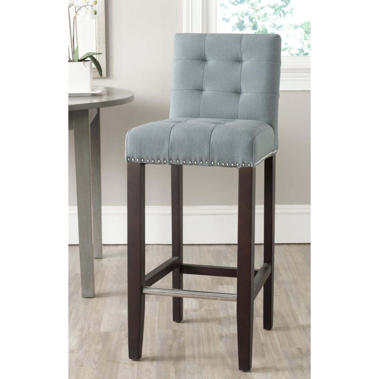 Sky Blue Transitional Bar Stool with Espresso Birch Wood Legs