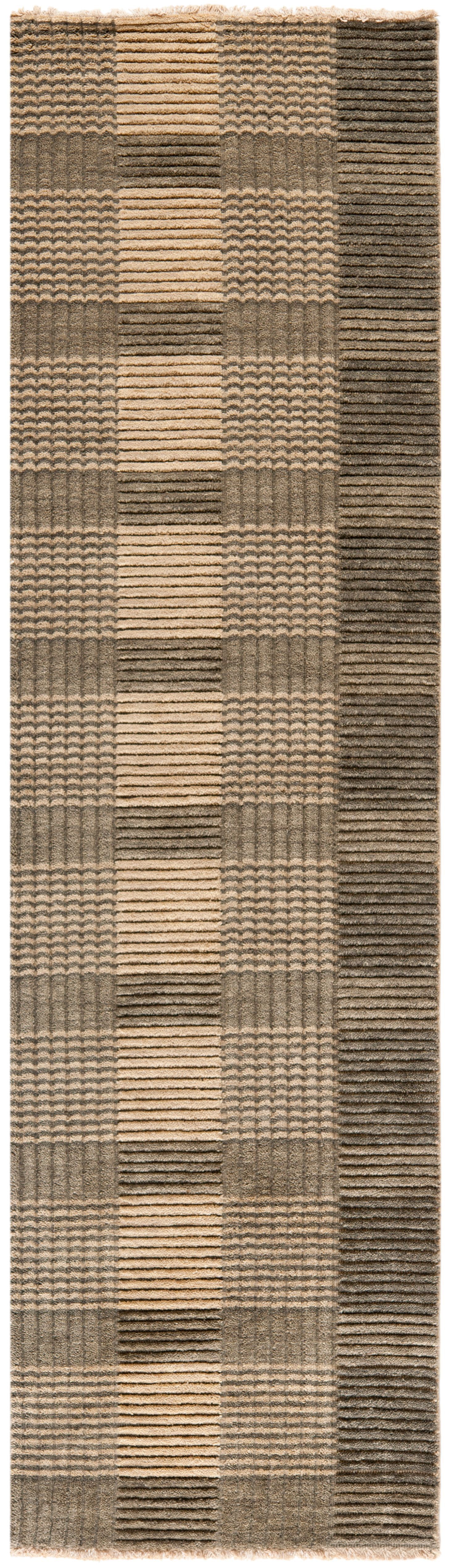 Charcoal and Beige Hand-Knotted Wool Runner Rug, 2' x 8'