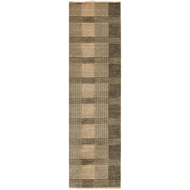 Charcoal and Beige Hand-Knotted Wool Runner Rug, 2' x 8'