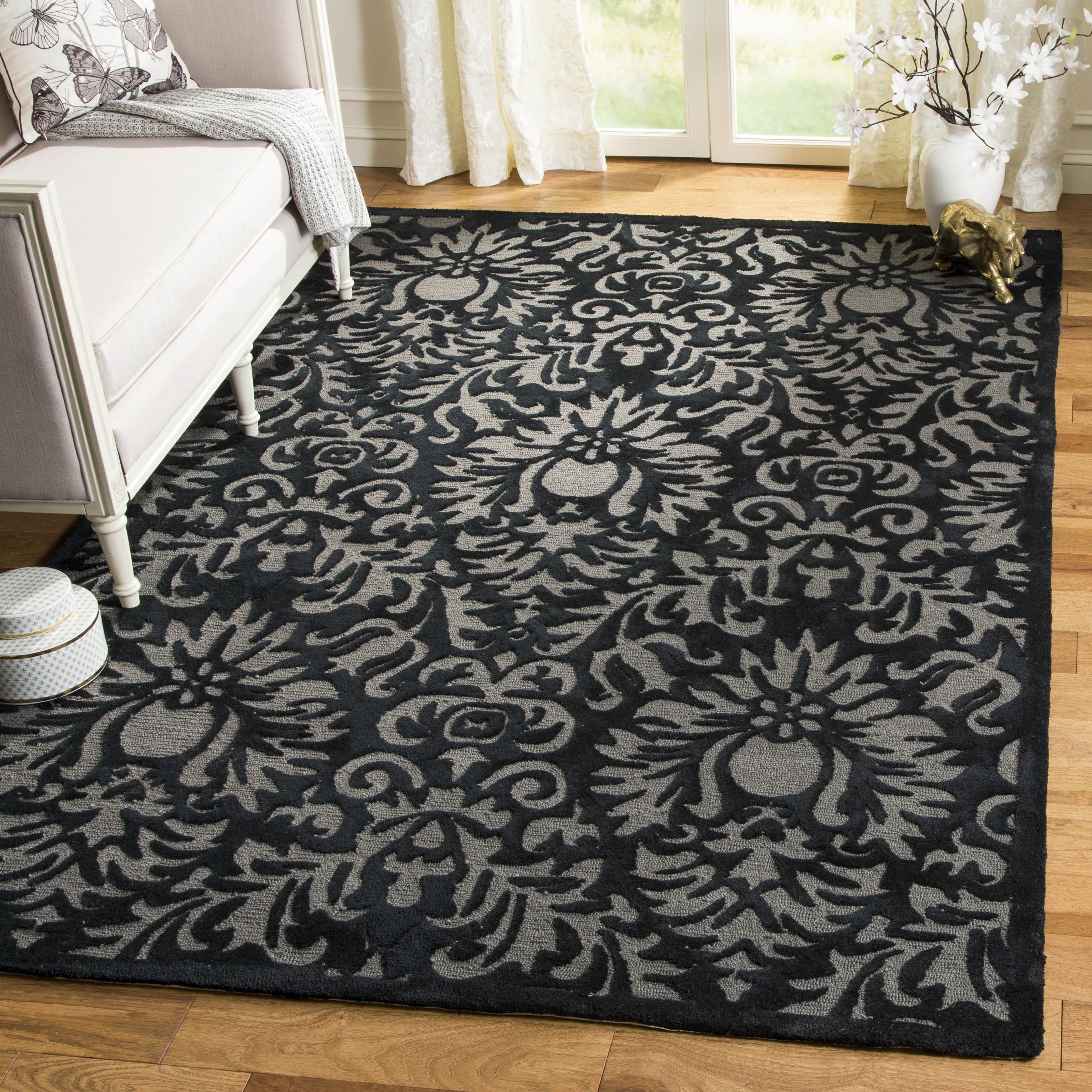 Handmade Black Wool Floral Area Rug, 6' x 9'