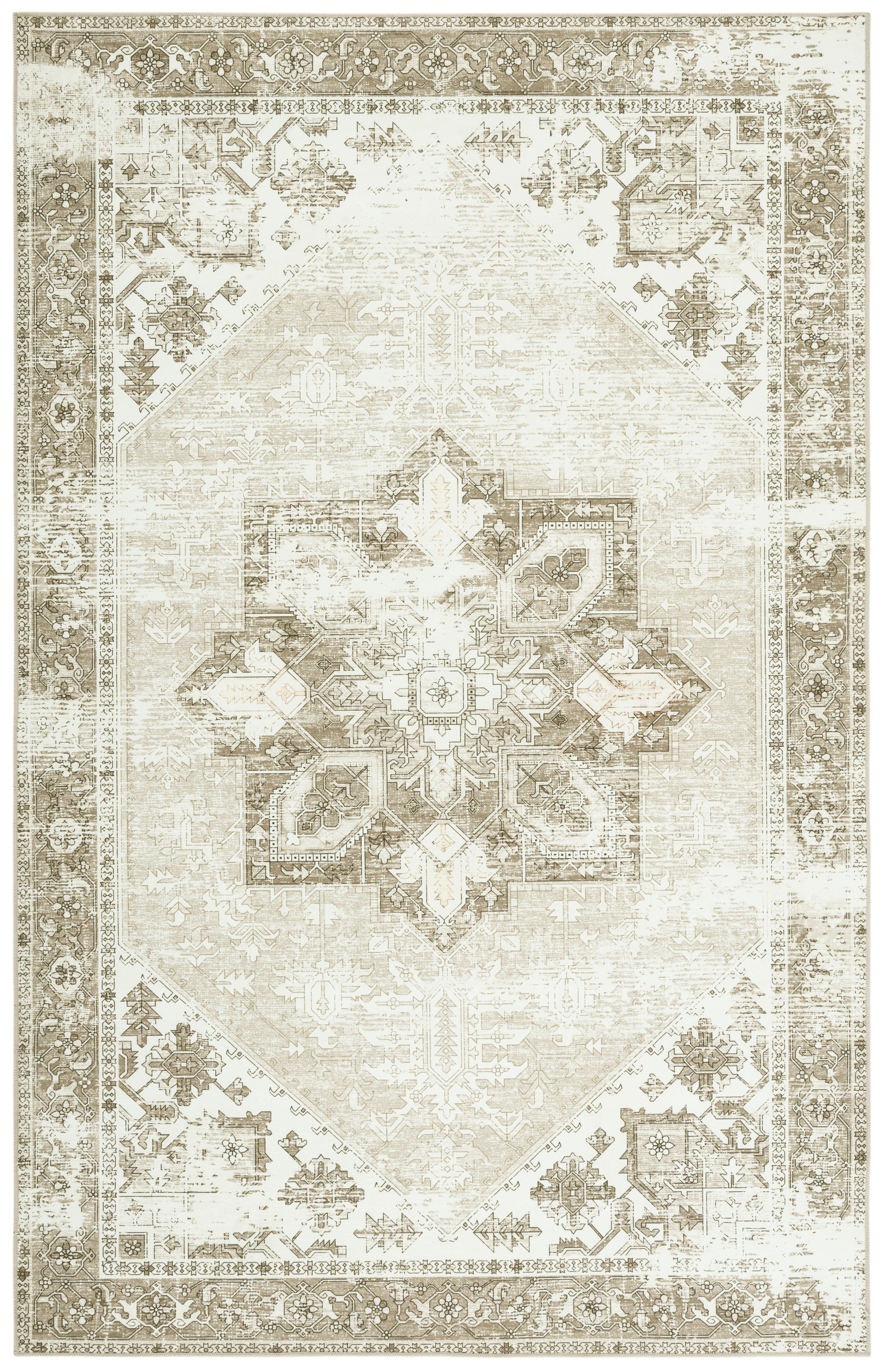 Ivory and Beige Rectangular Washable Synthetic Area Rug, 6' x 9'