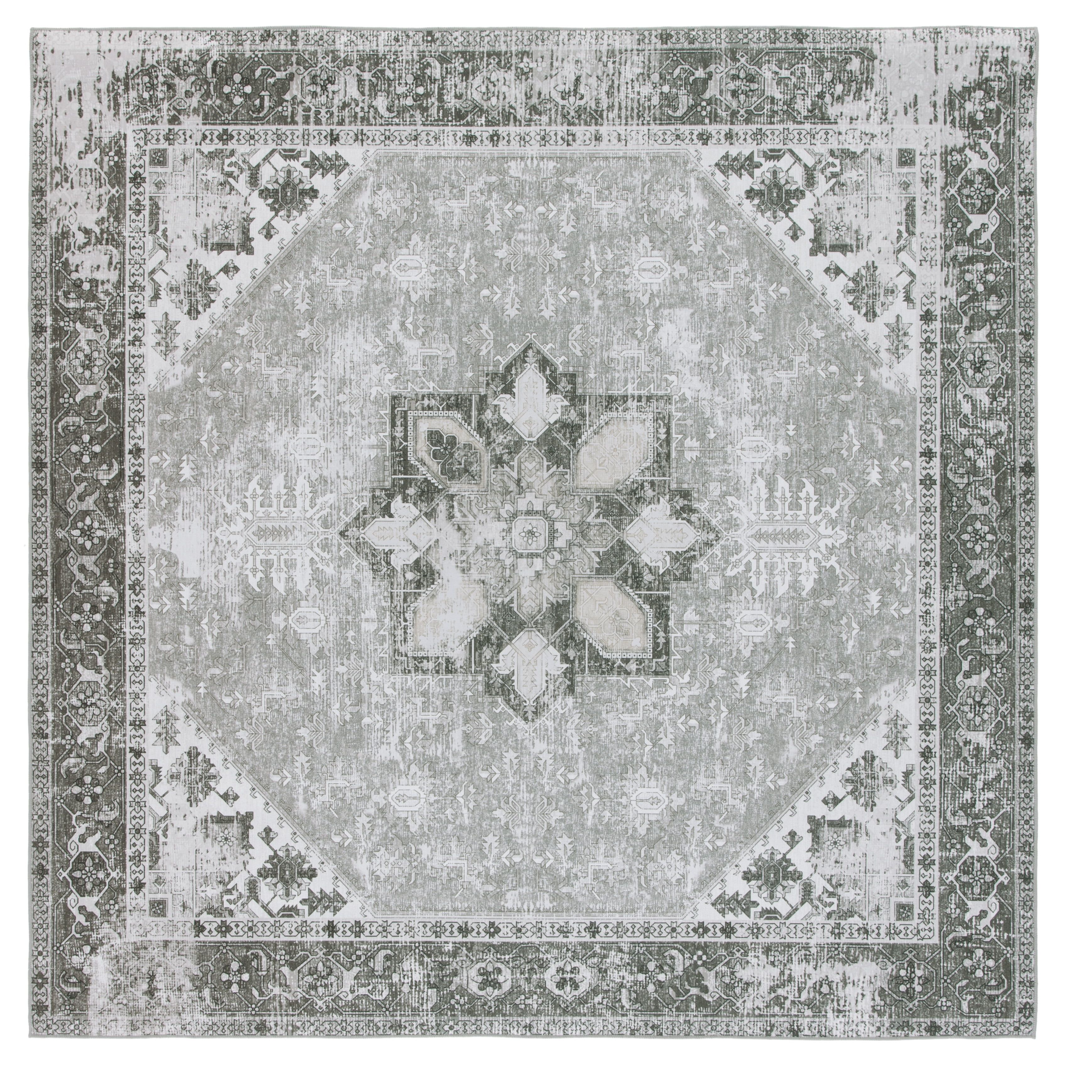 Easy-Care Gray Synthetic 59" Square Non-Slip Washable Area Rug