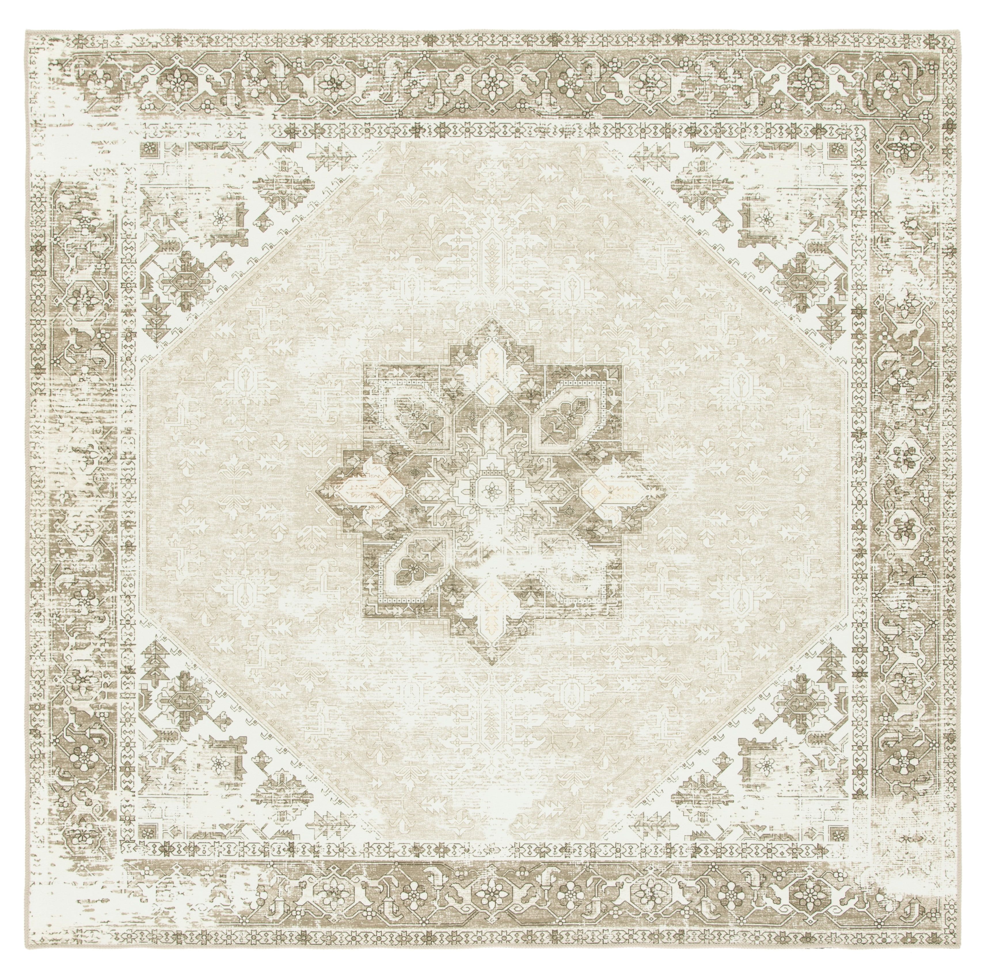 Ivory and Sage Square Washable Synthetic Area Rug