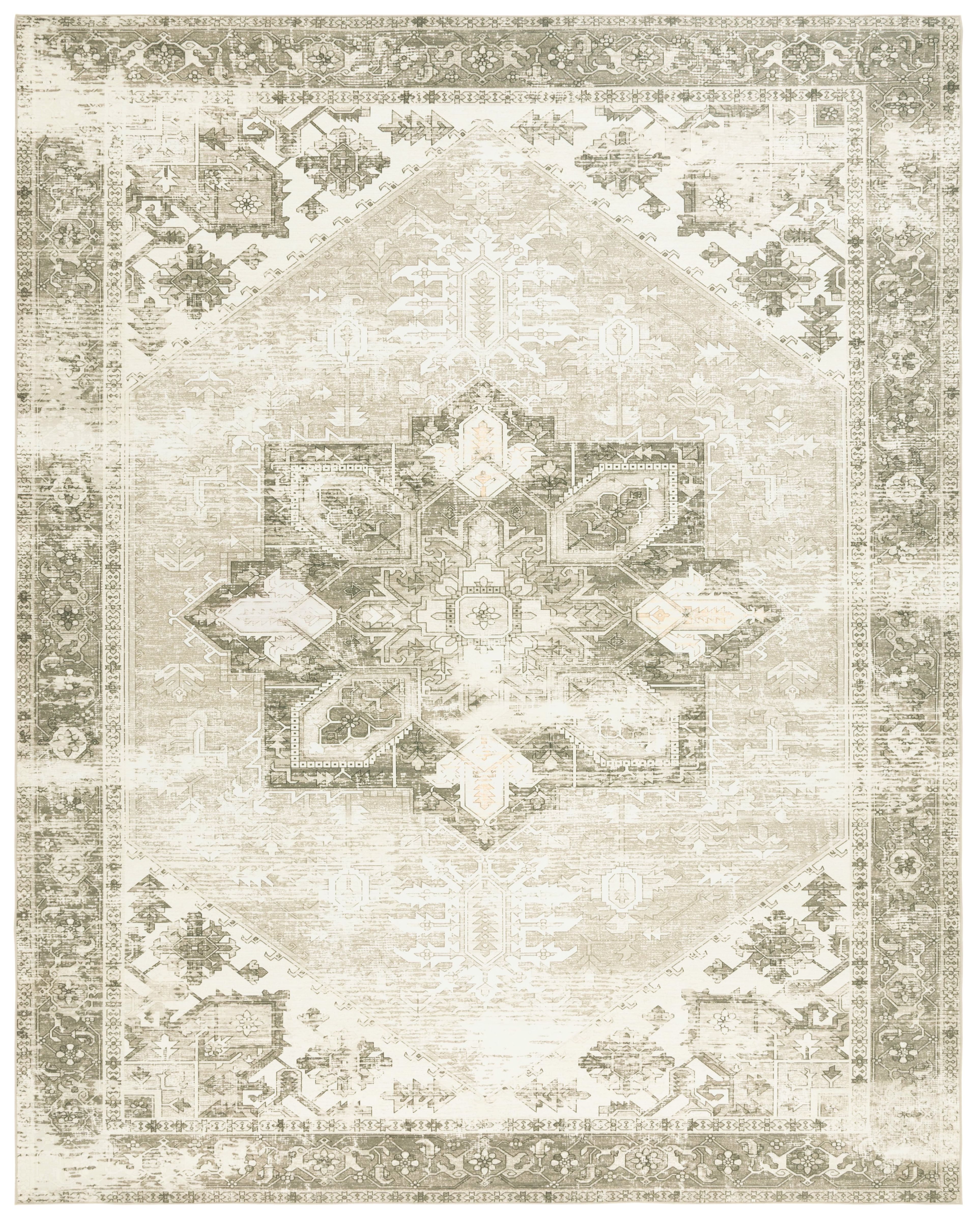 Ivory and Sage Rectangular Washable Synthetic Area Rug, 9' x 12'