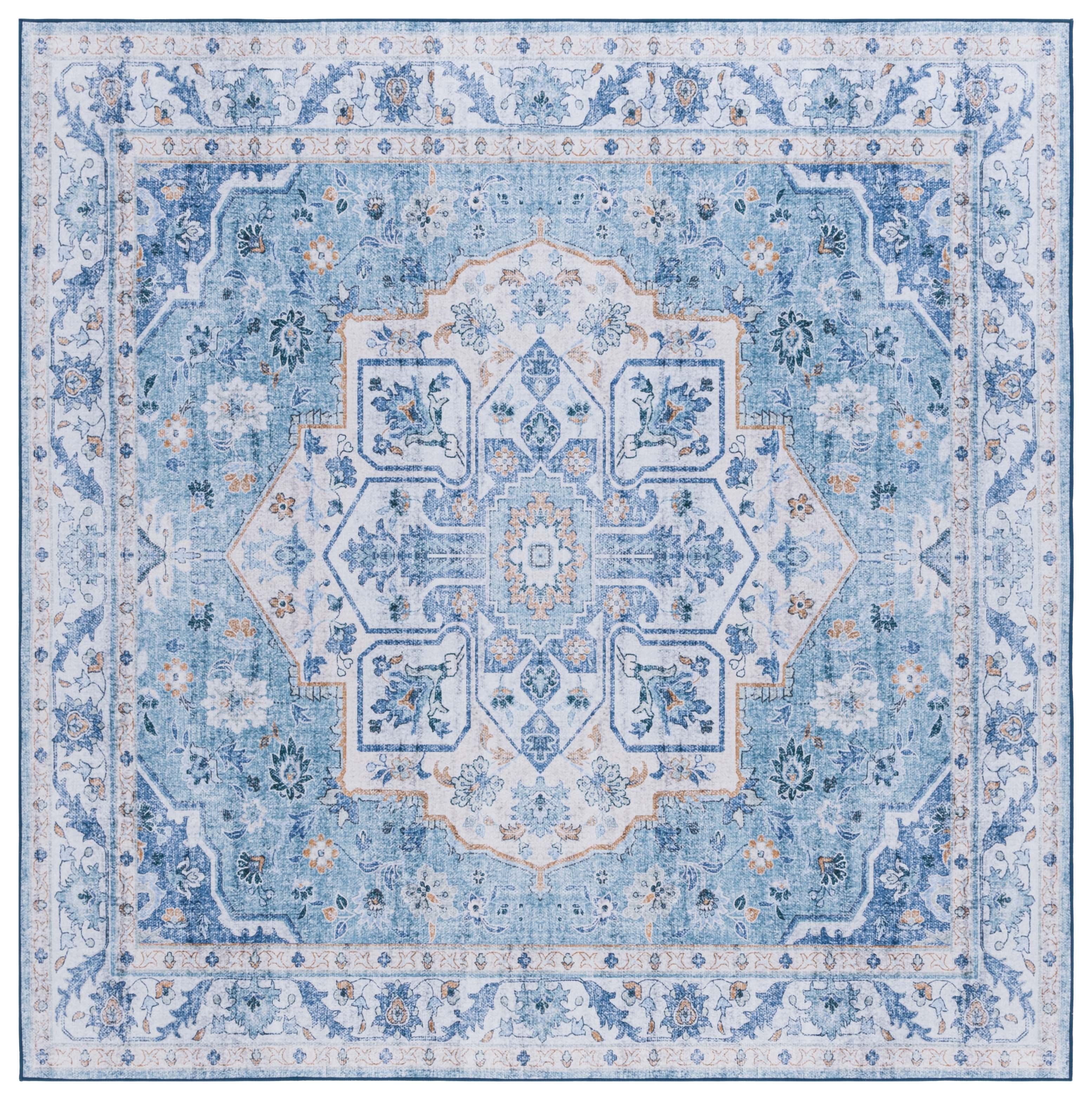 Light Blue Synthetic Washable Non-slip Square Area Rug