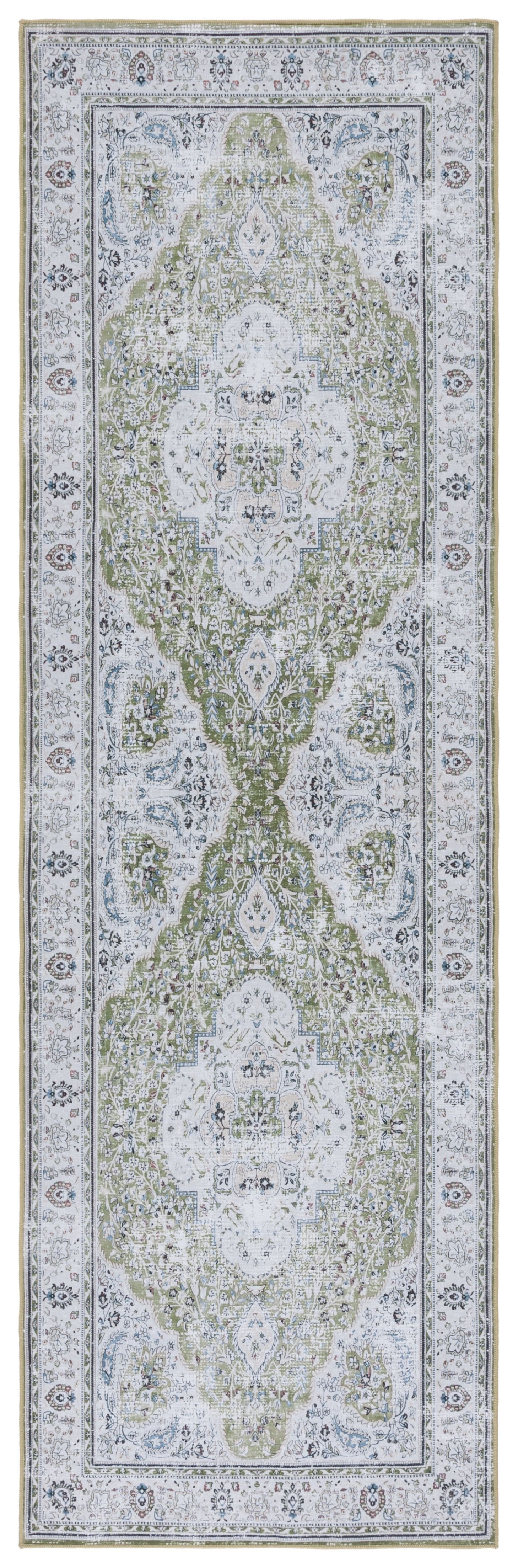 Green and Beige Synthetic Oriental Washable Runner Rug, 2'6" x 12'