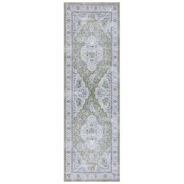 Green and Beige Synthetic Oriental Washable Runner Rug, 2'6" x 12'