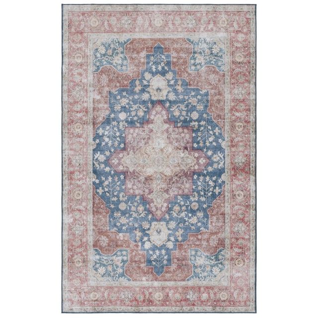 Tucson Nazca Light Blue and Rust Synthetic Round Area Rug