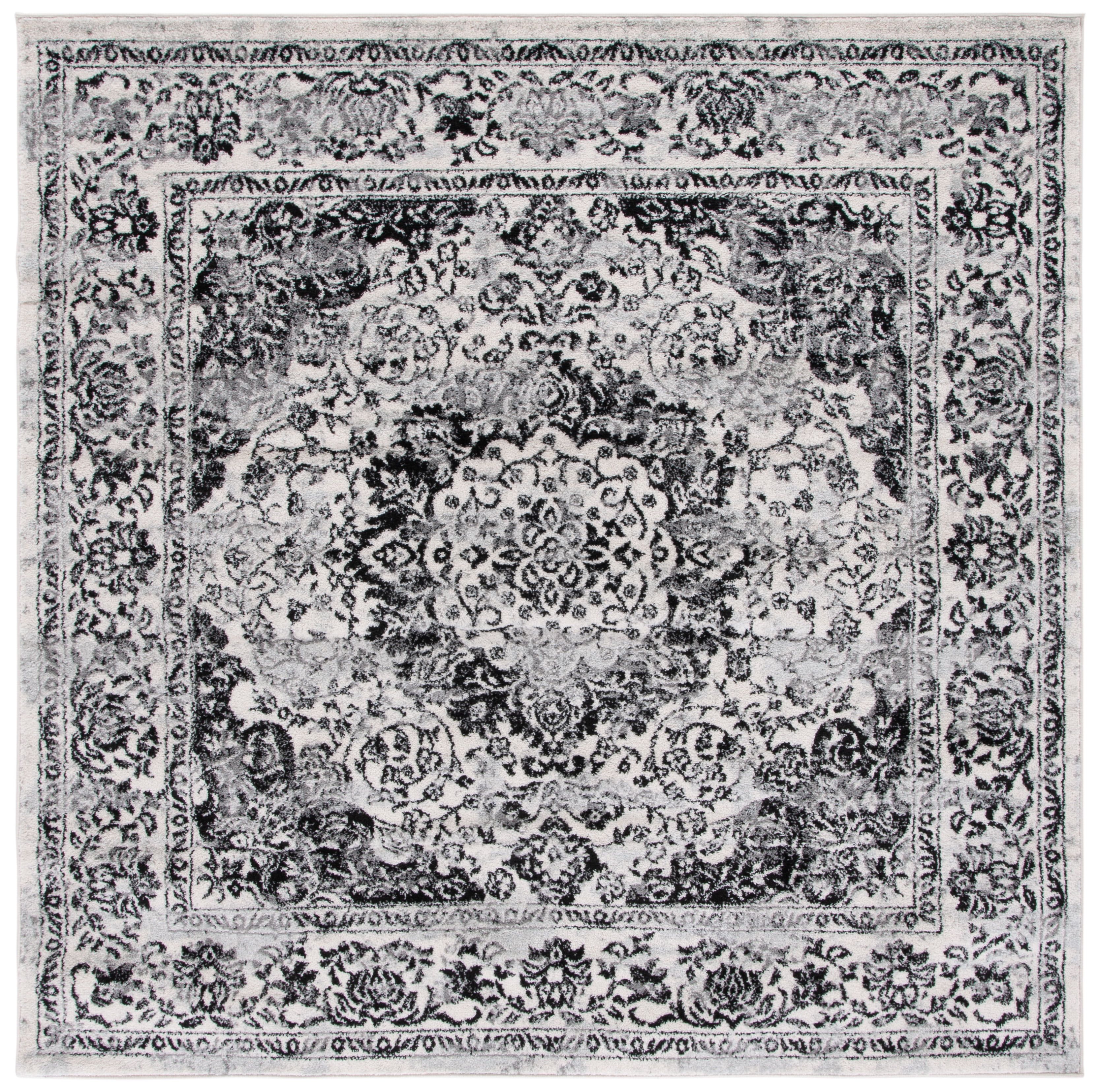 Ivory and Black Square Synthetic Stain-resistant Area Rug, 8' x 8'