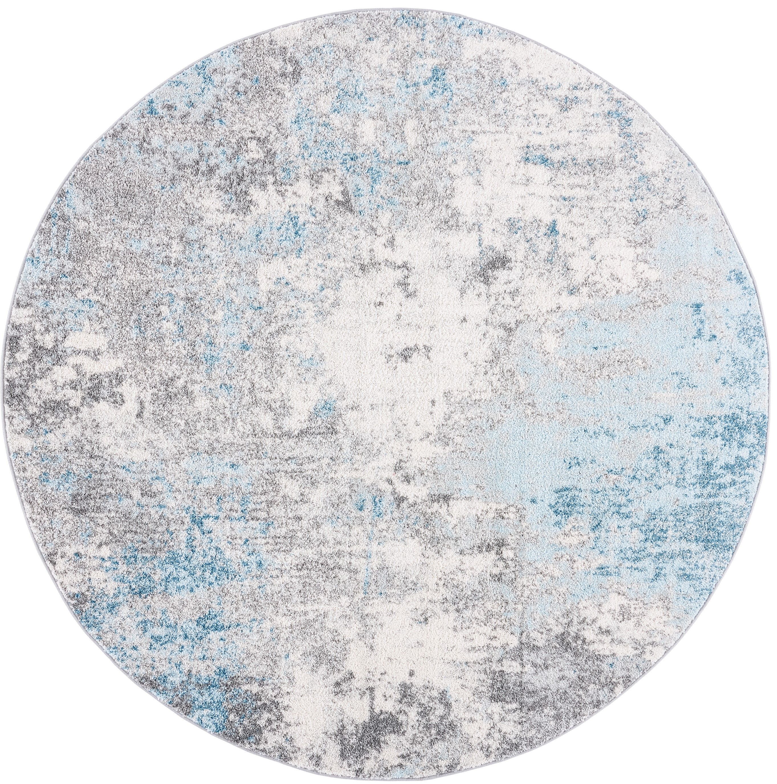 Tulum 10' Round Blue and Grey Abstract Synthetic Rug