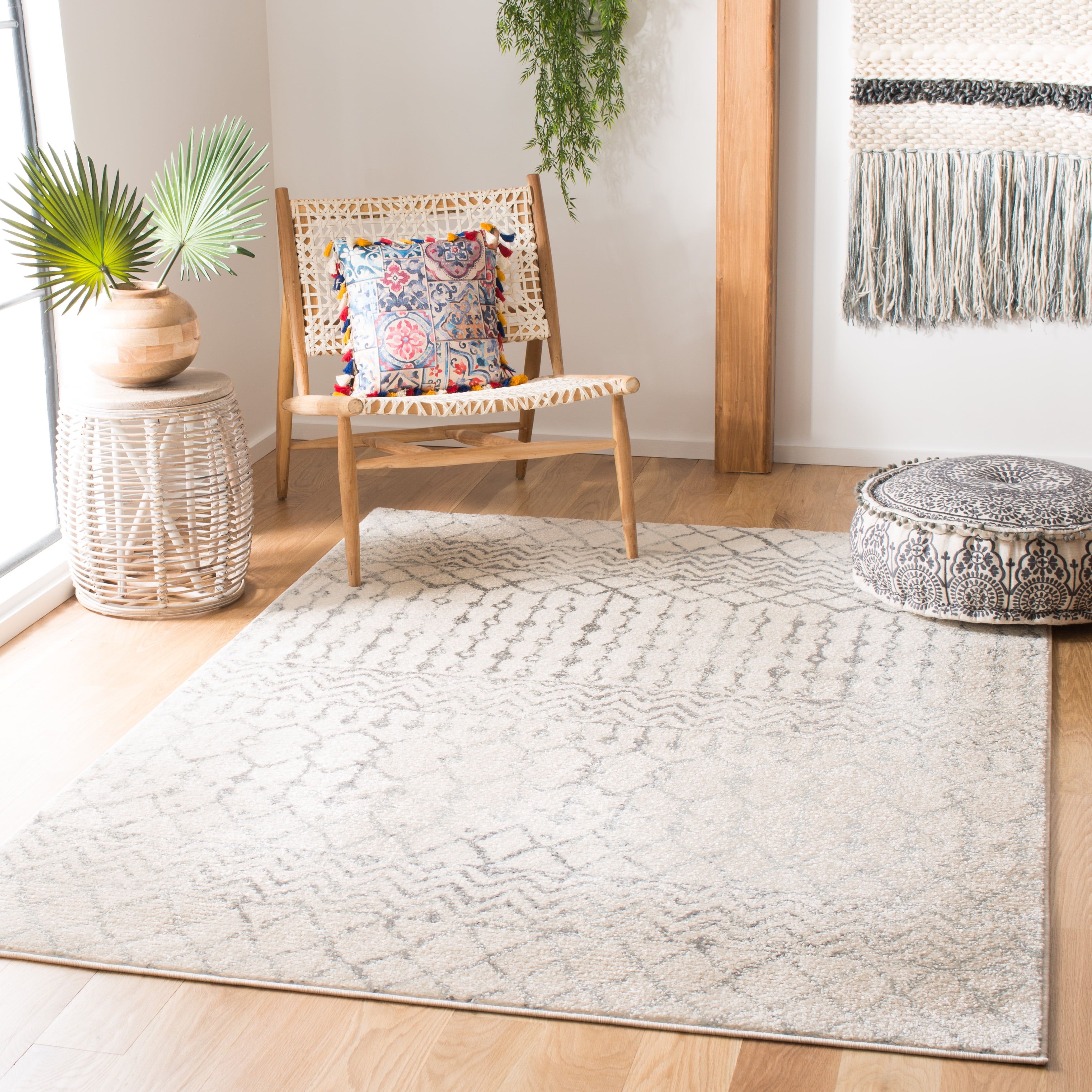 Ivory and Grey Moroccan Geometric 9' x 12' Area Rug