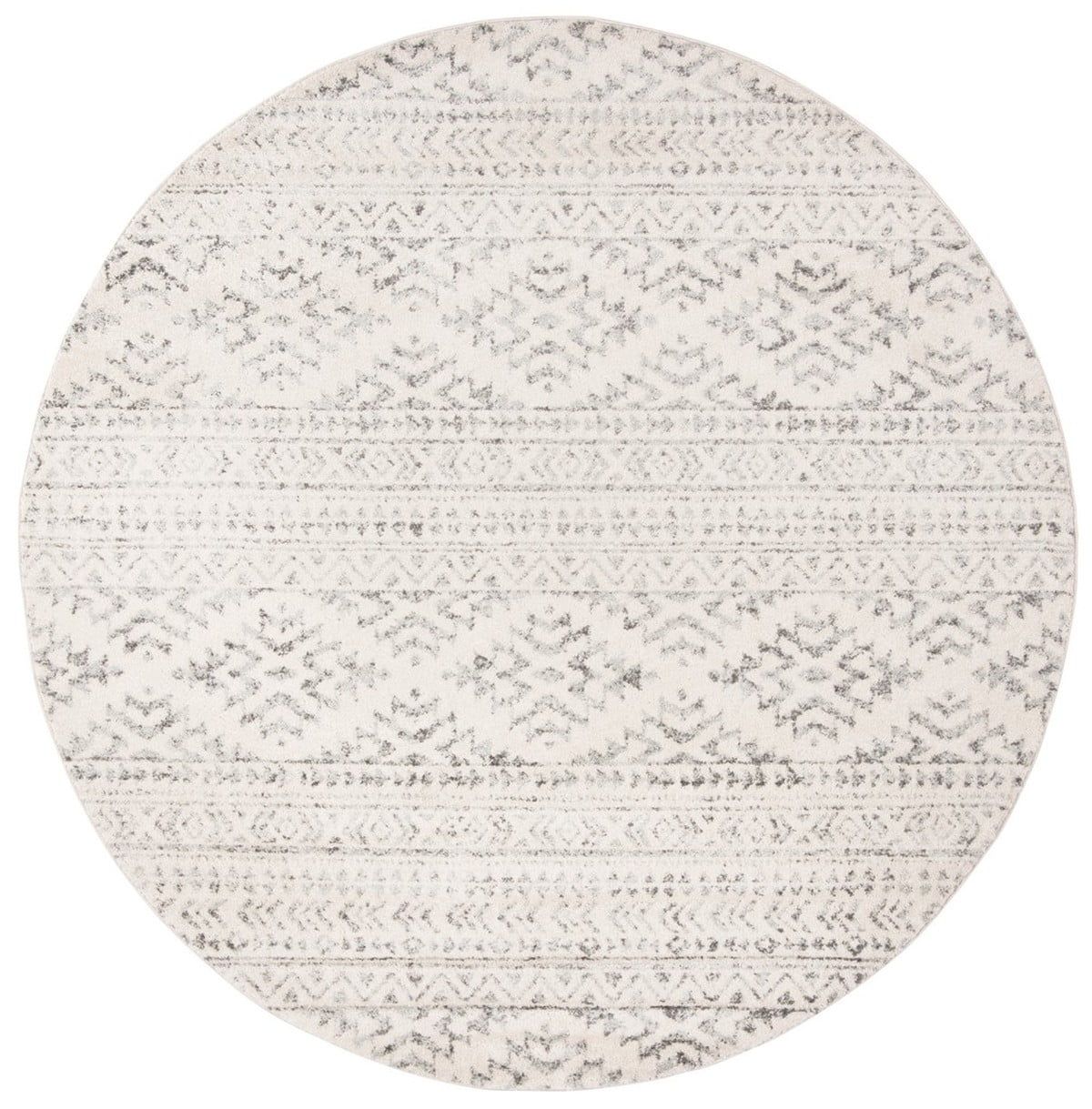 Ivory Grey Geometric Round Synthetic Easy-Care Area Rug