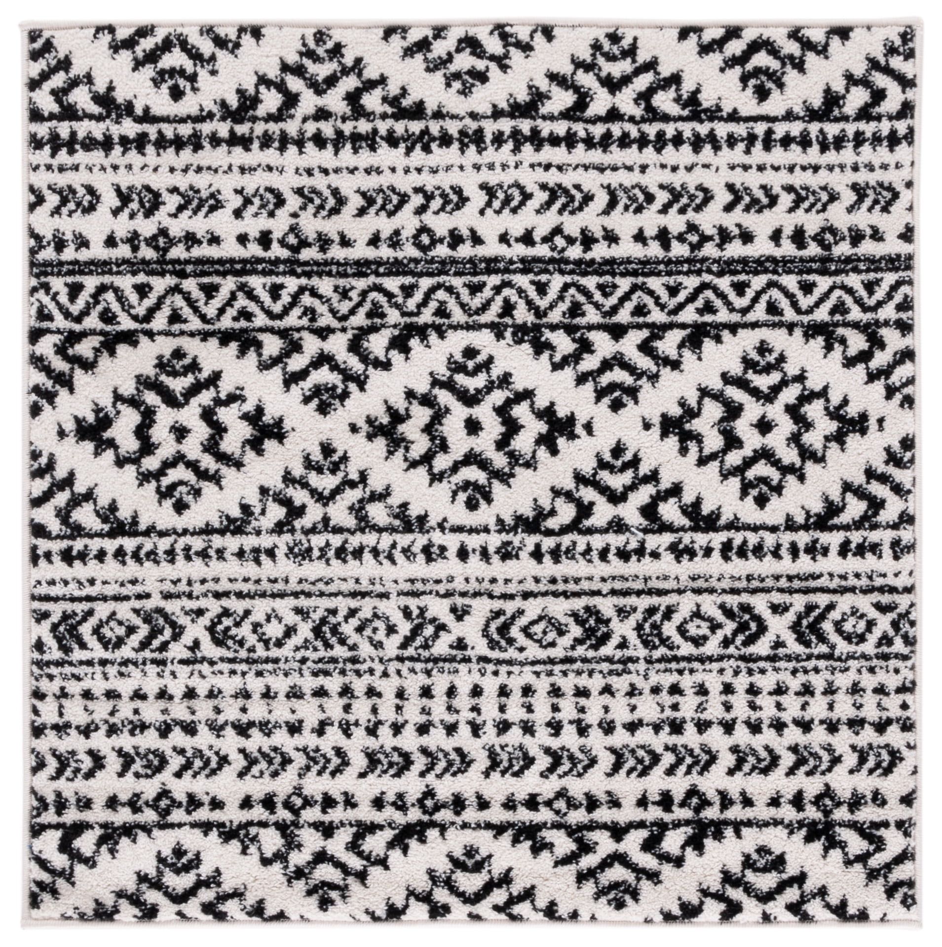 Ivory and Black Geometric Synthetic 12' Square Area Rug