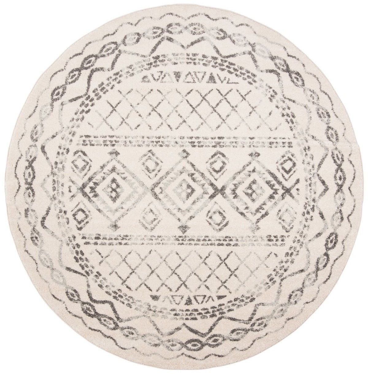 Ivory and Grey Round Synthetic Easy Care Area Rug, 9' x 9'