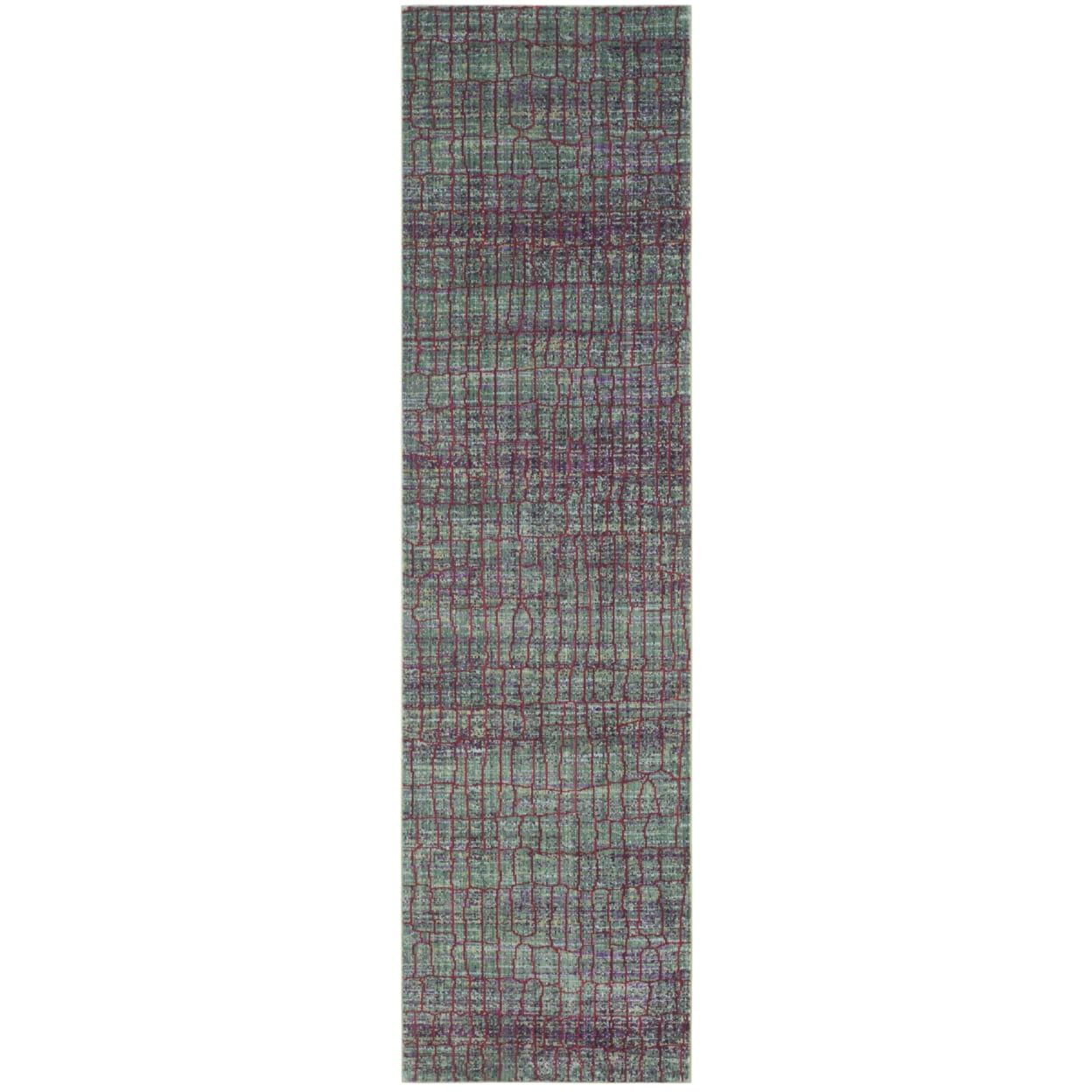 Valencia Green and Red Abstract Polyester Runner Rug, 2'3" x 8'