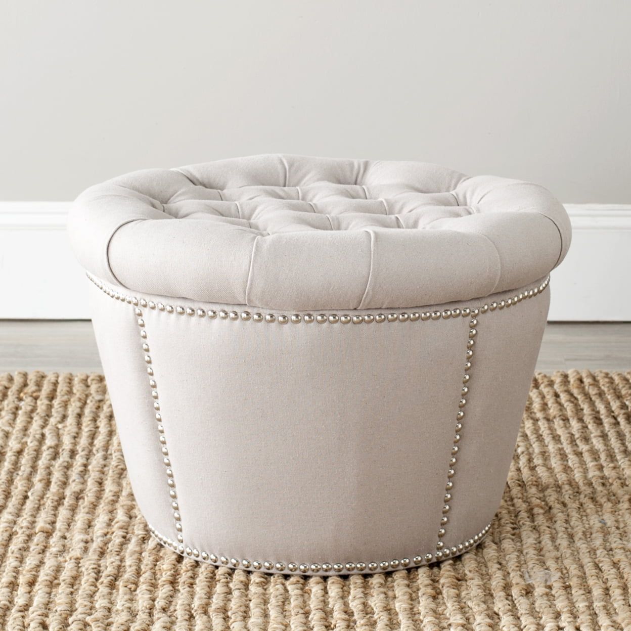 Taupe Tufted Linen Circle Ottoman with Nailhead Trim