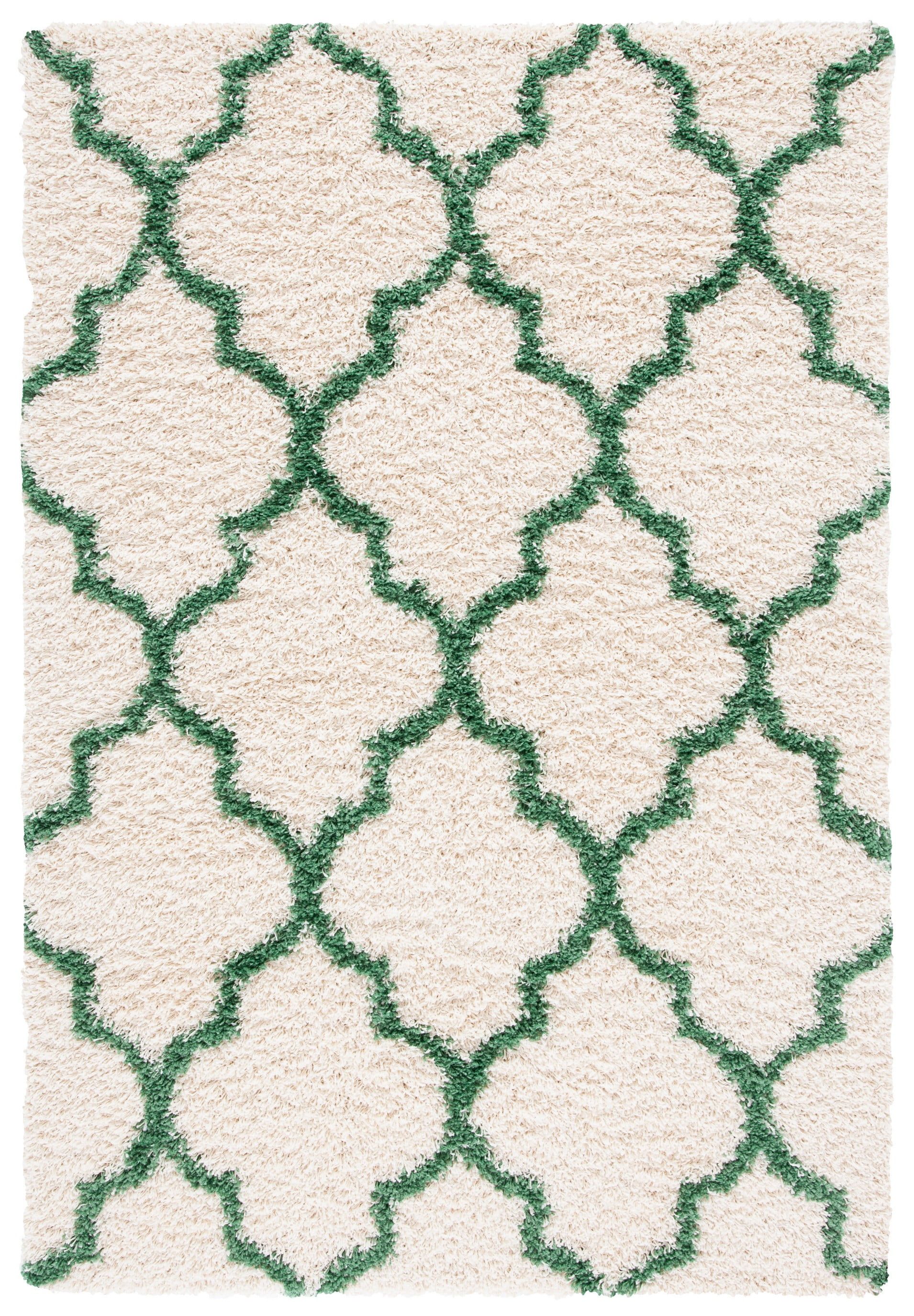 Ivory and Green Round Shag Rug with Trellis Pattern