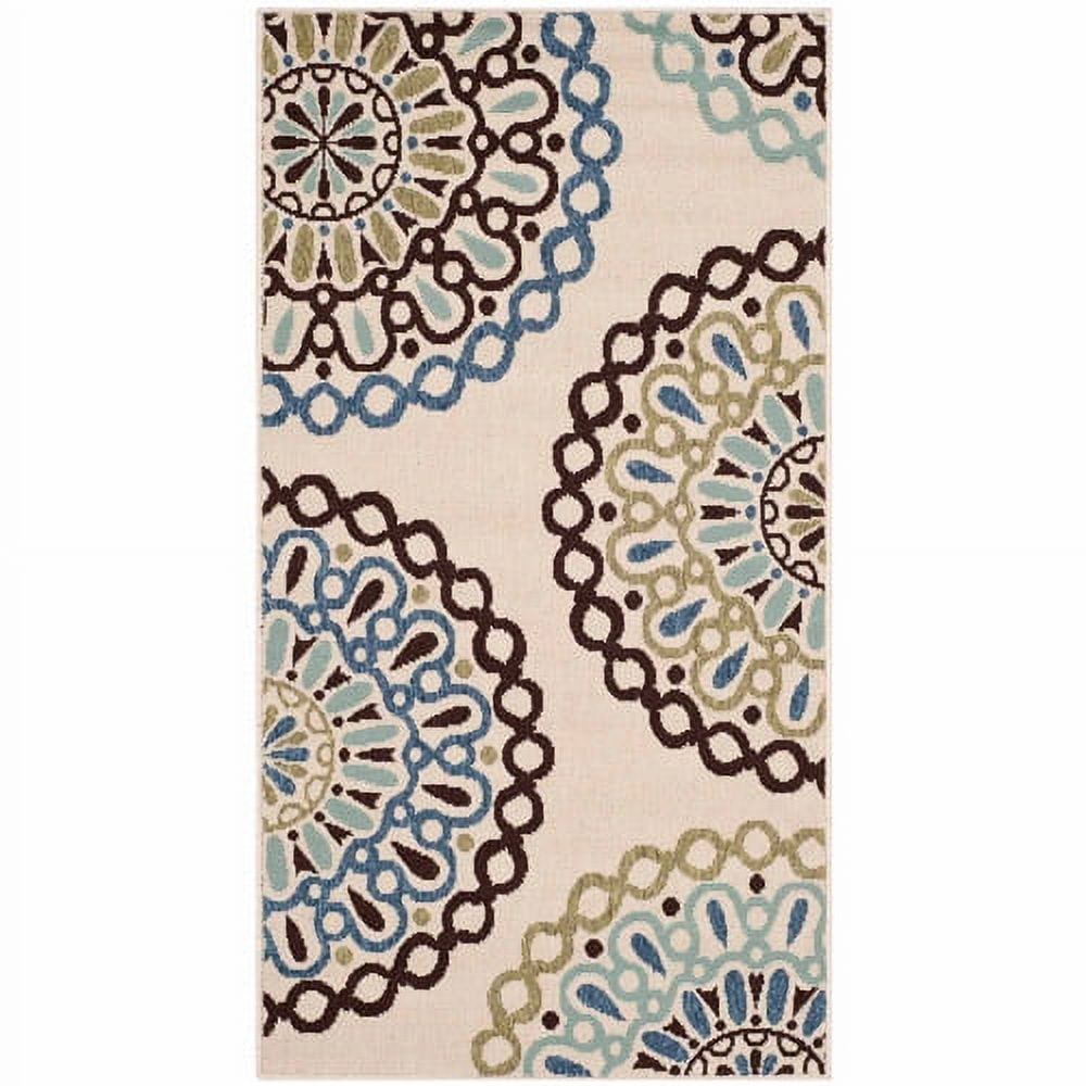 Blue and Cream Floral Rectangular Indoor/Outdoor Rug