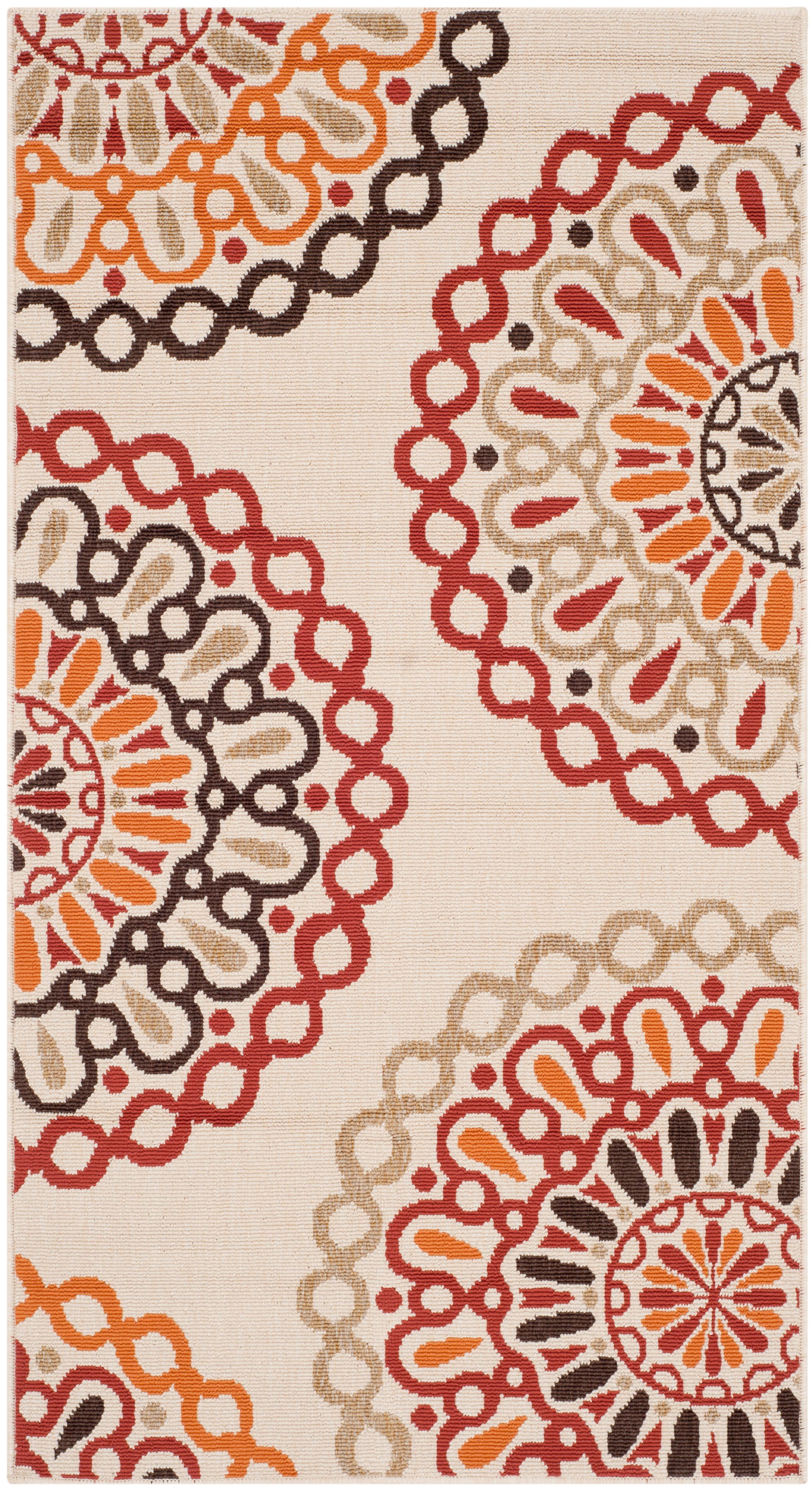 Cream and Red Floral Round Synthetic Rug