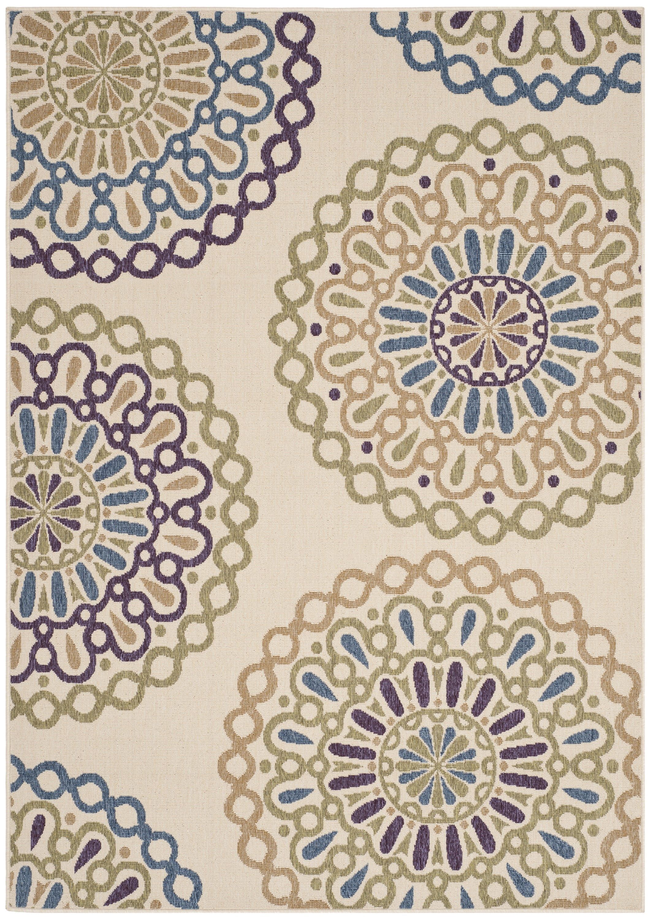 Axum Cream and Green Geometric Synthetic Rectangular Rug