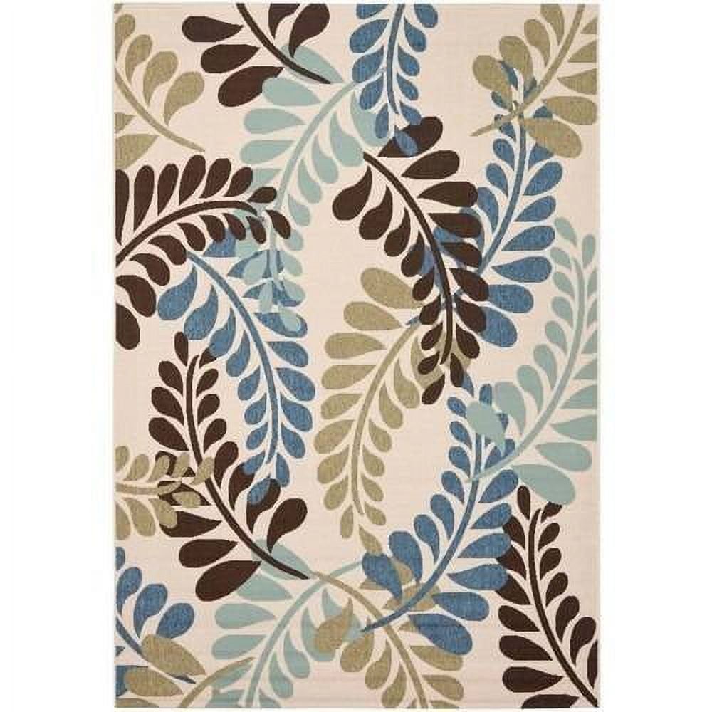 Cream and Aqua Floral Rectangular Indoor/Outdoor Rug