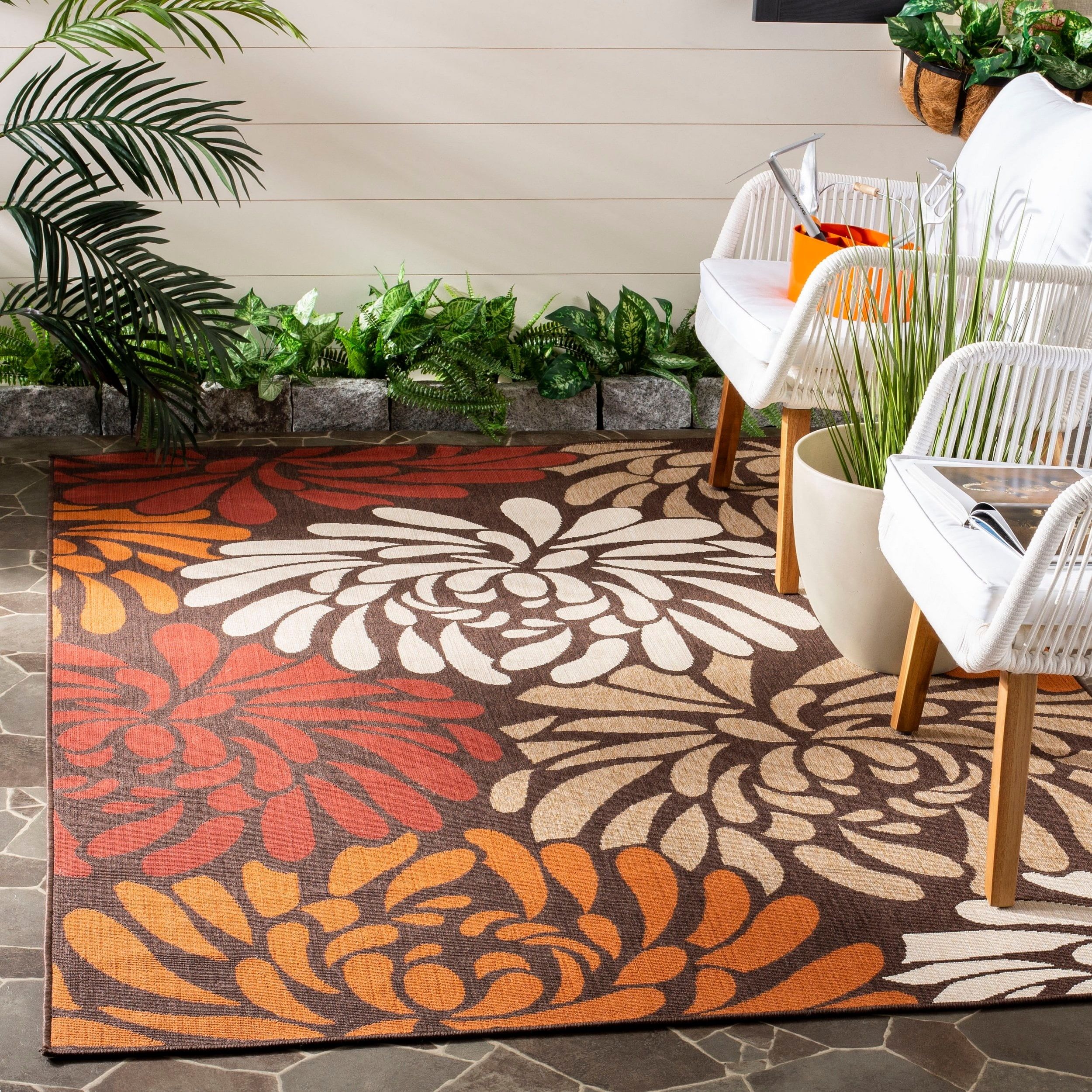 Chocolate and Terracotta Floral Synthetic 4' x 6' Area Rug